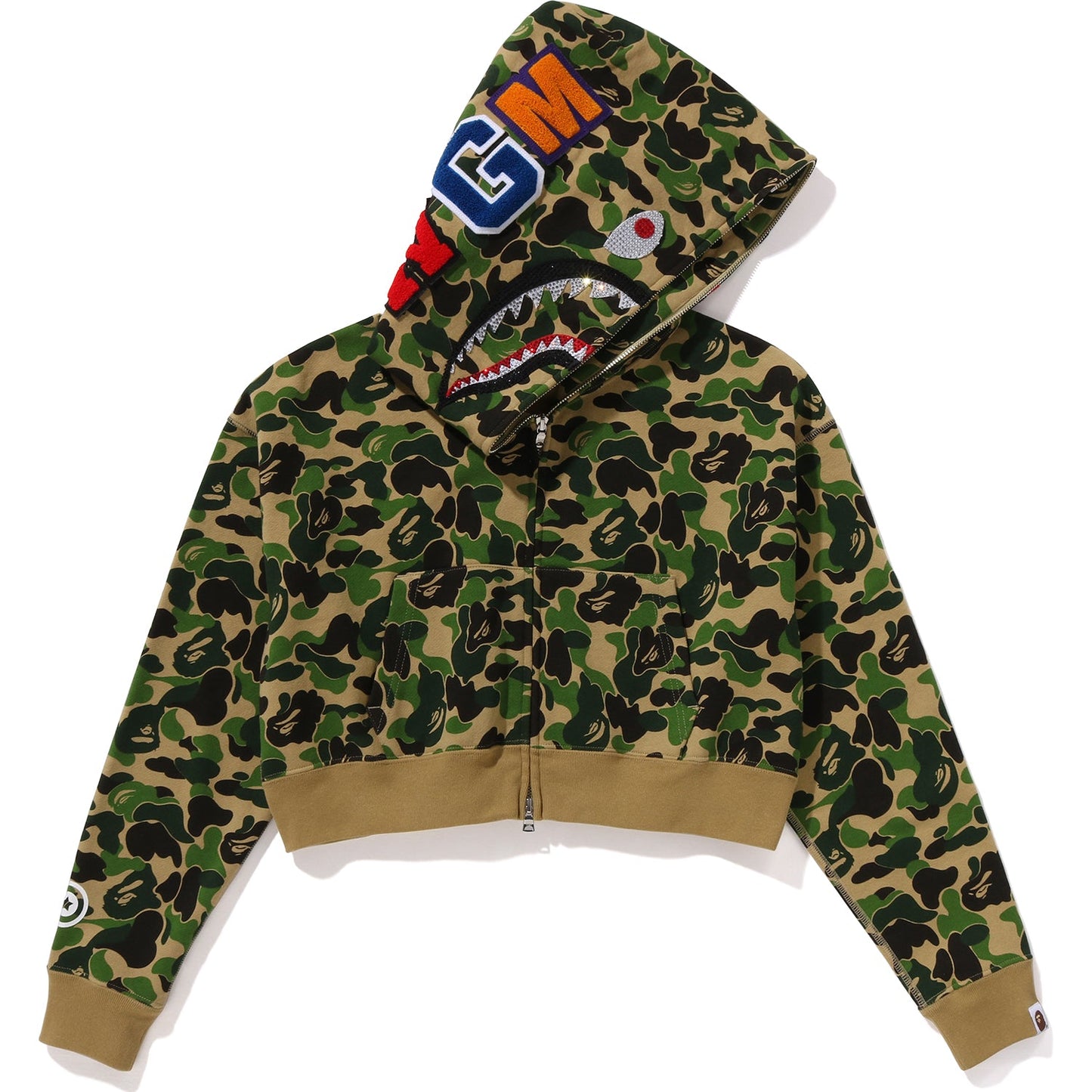 ABC CAMO CRYSTAL STONE SHARK CROPPED FULL ZIP HOODIE LADIES
