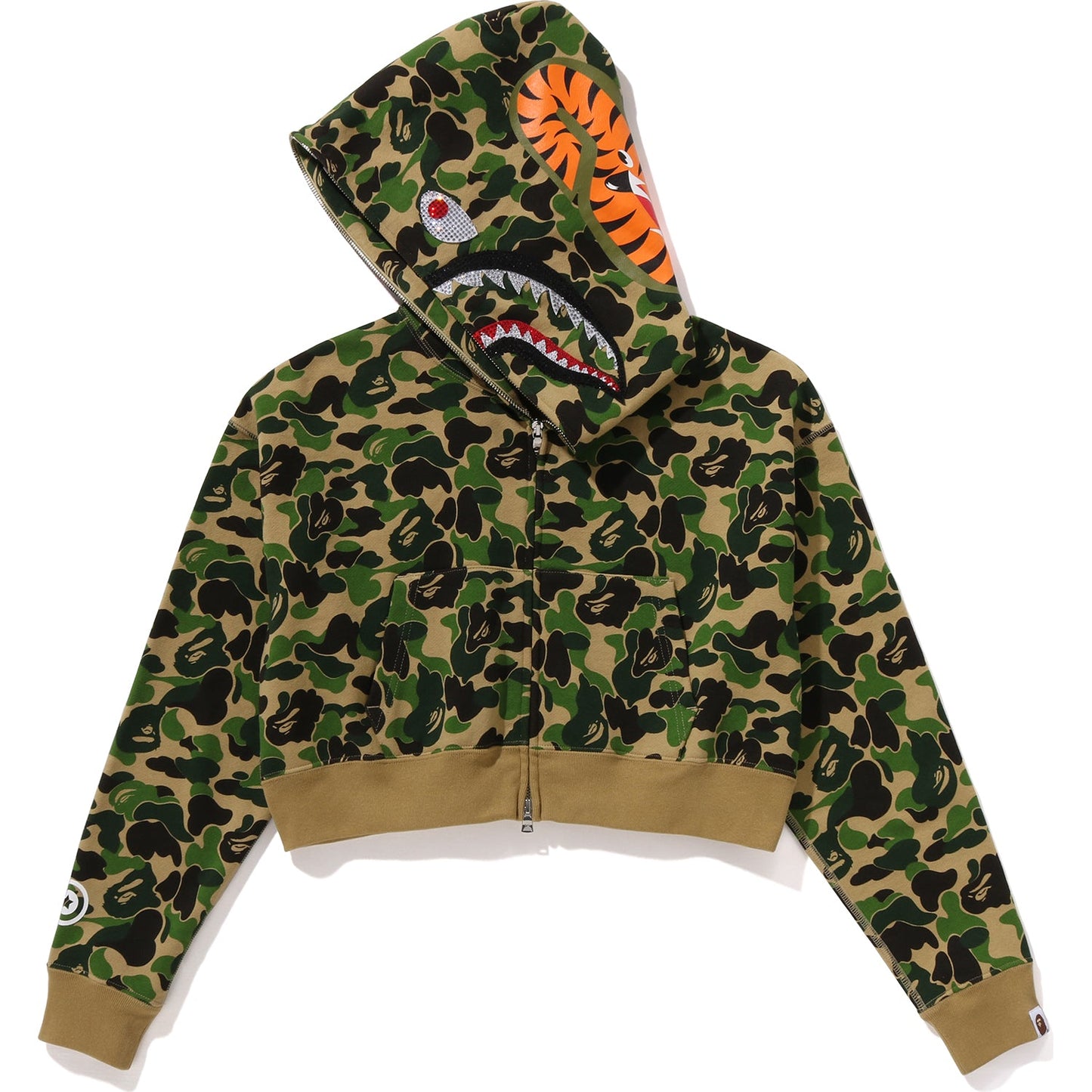 ABC CAMO CRYSTAL STONE SHARK CROPPED FULL ZIP HOODIE LADIES