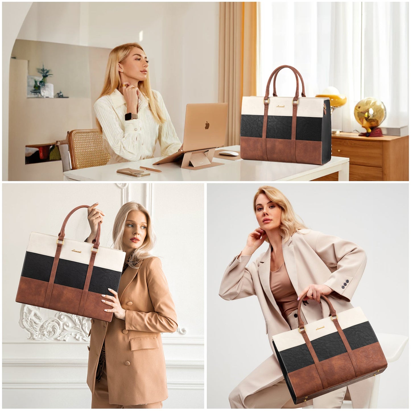 2Pcs Elegant Colorblock Tote Bag, 15.6