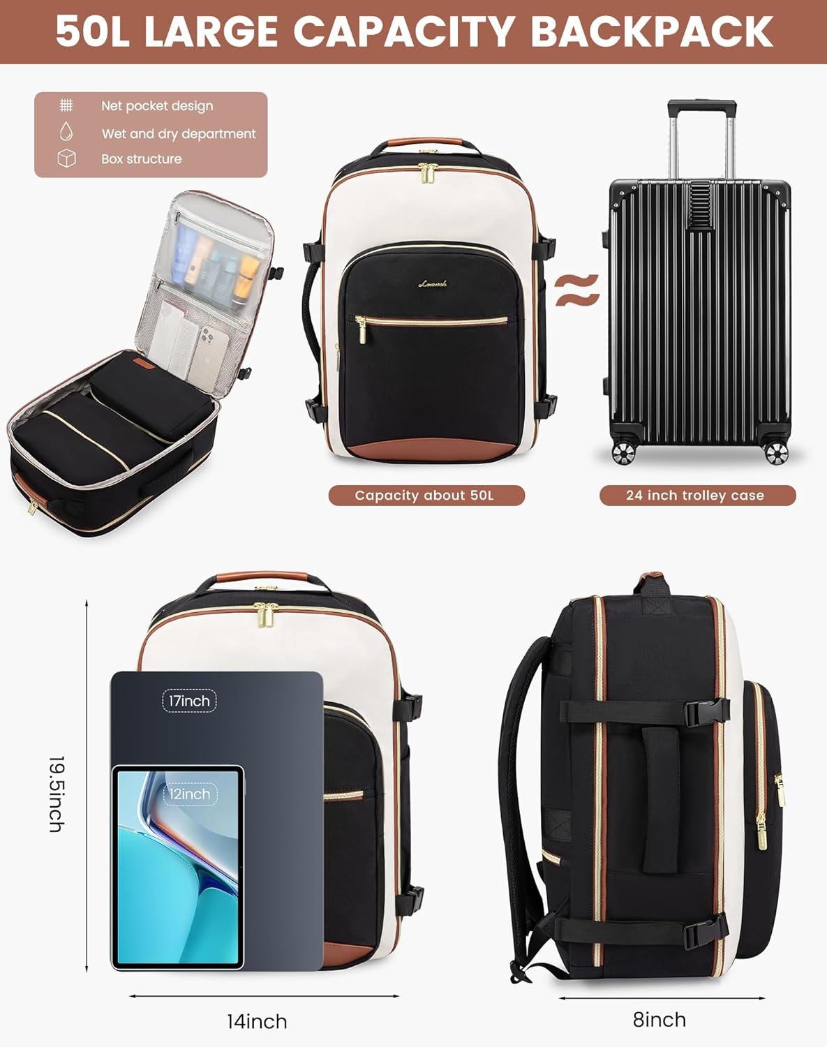 4Pcs Large Travel Backpack, 17.3 18.5