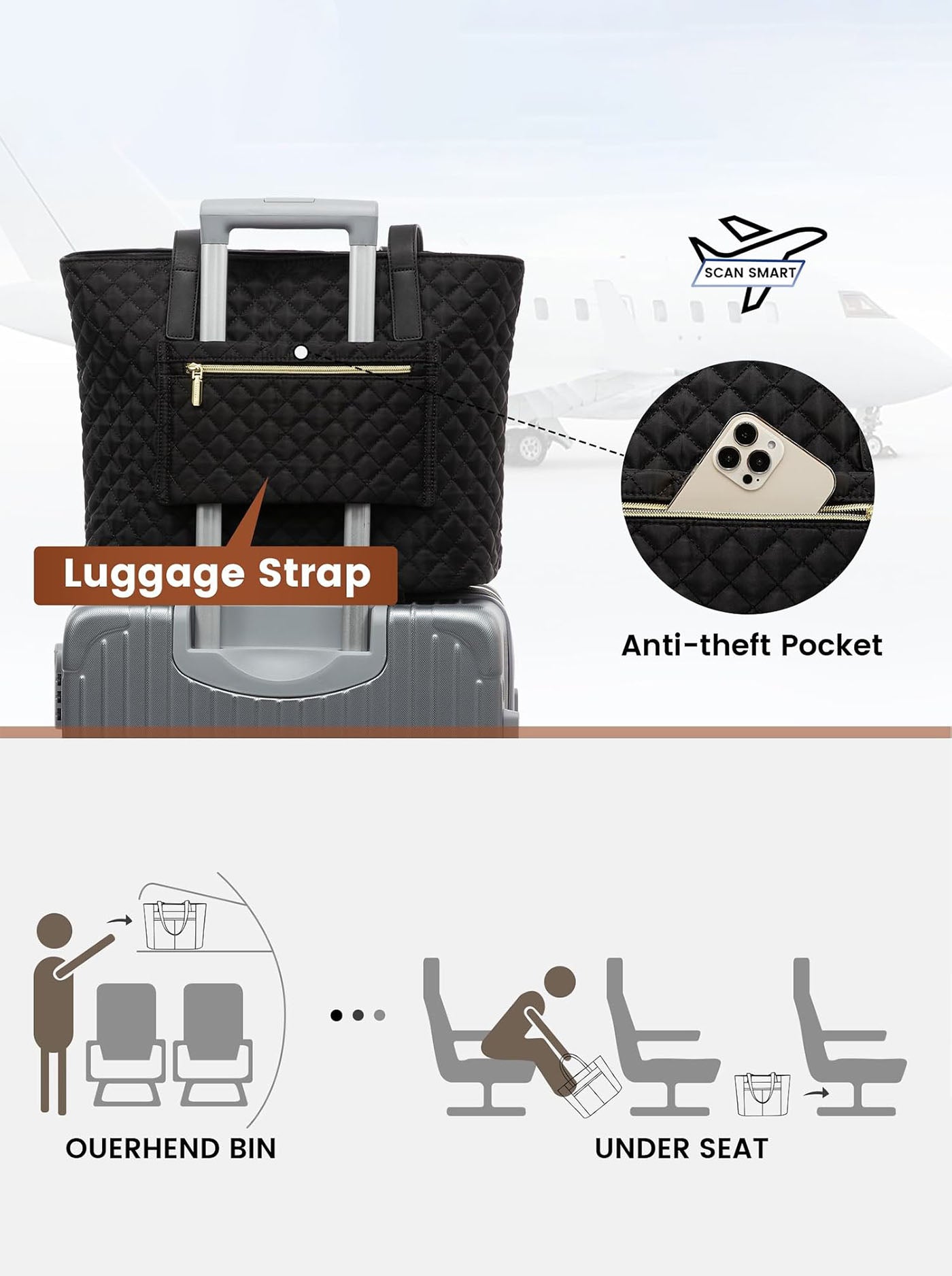 2Pcs Diamond Quilted Tote Bag, 15.6 17