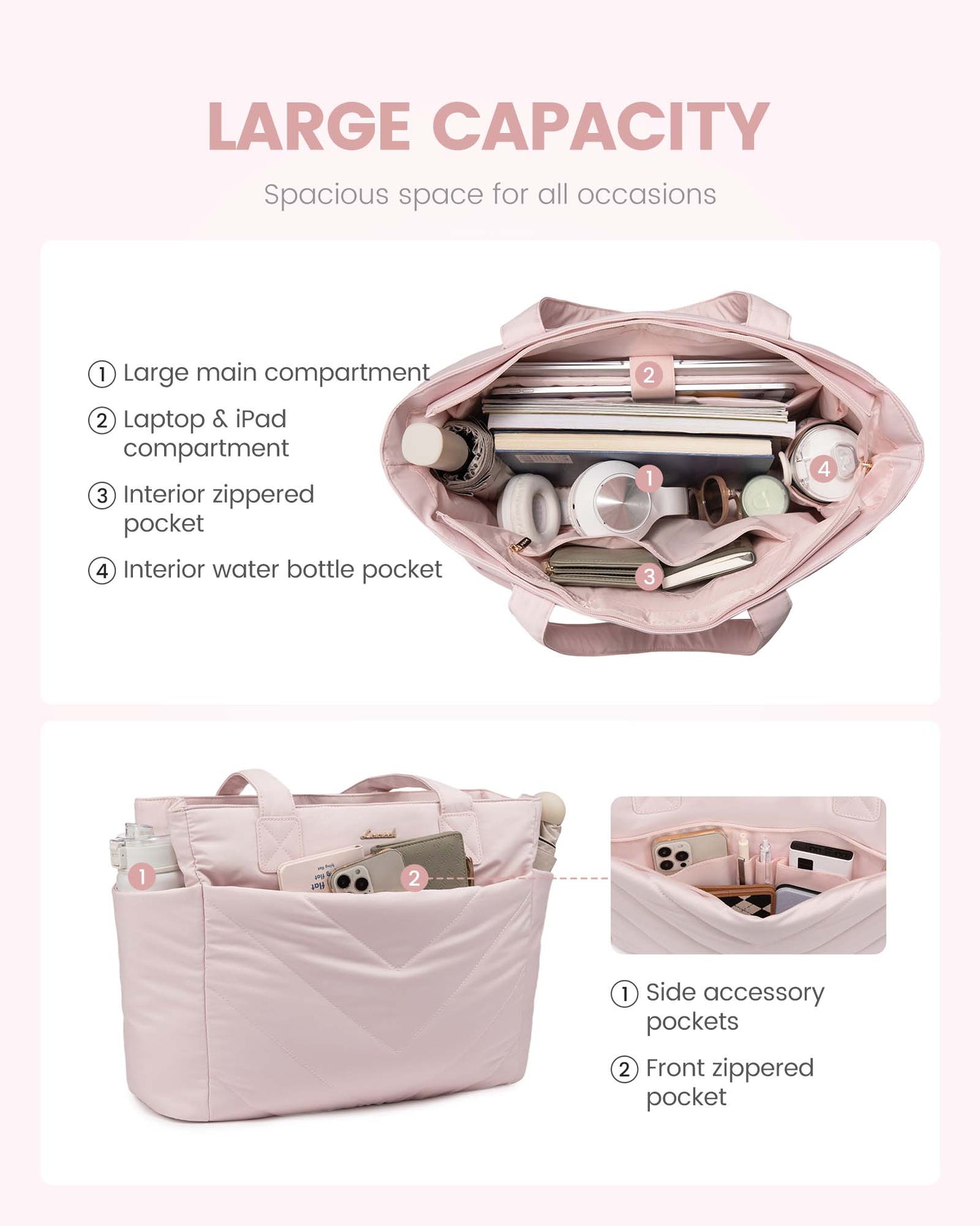 2Pcs Lightweight Puffy Tote Bag, 15.6 17.3