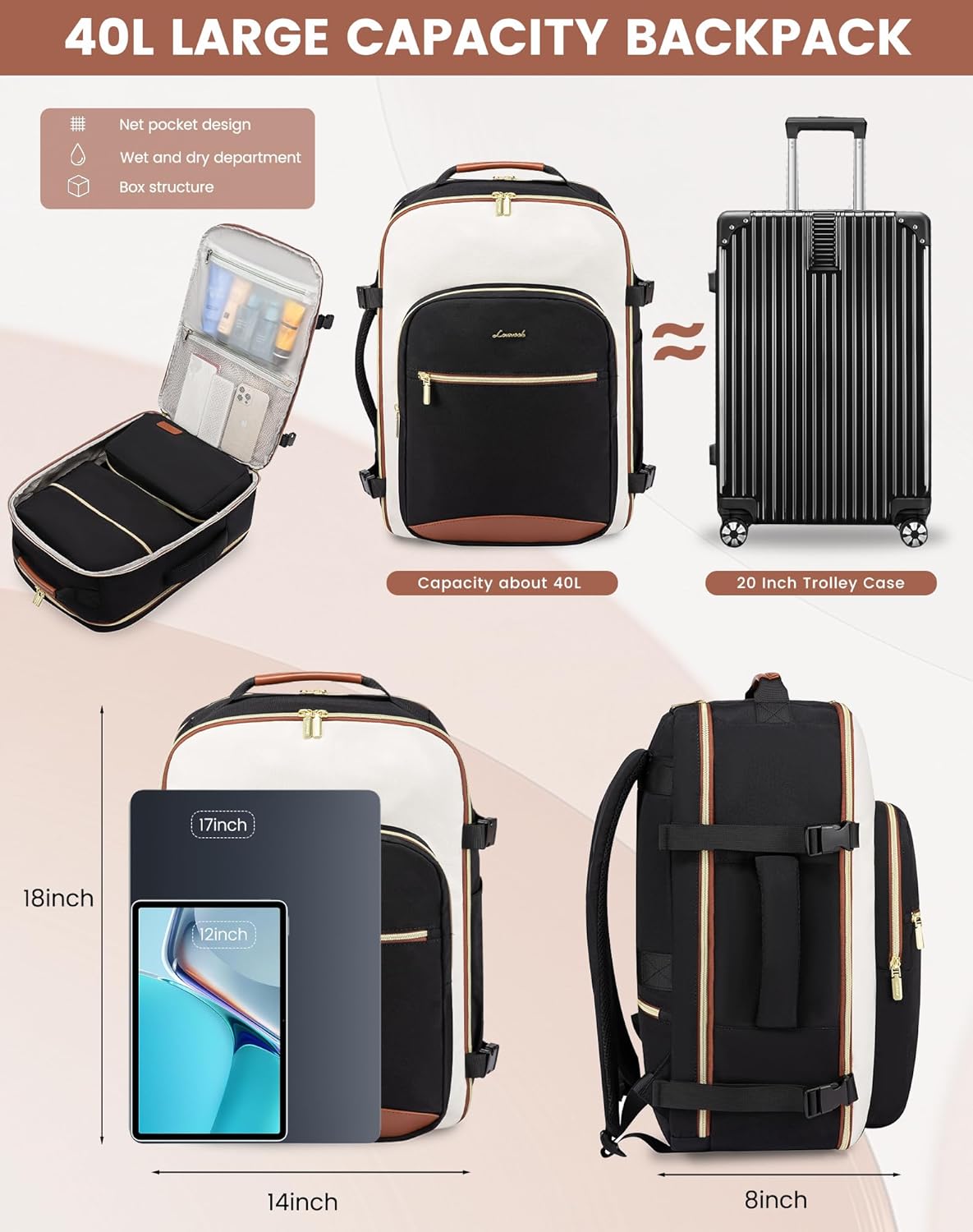 4Pcs Large Travel Backpack, 17.3 18.5