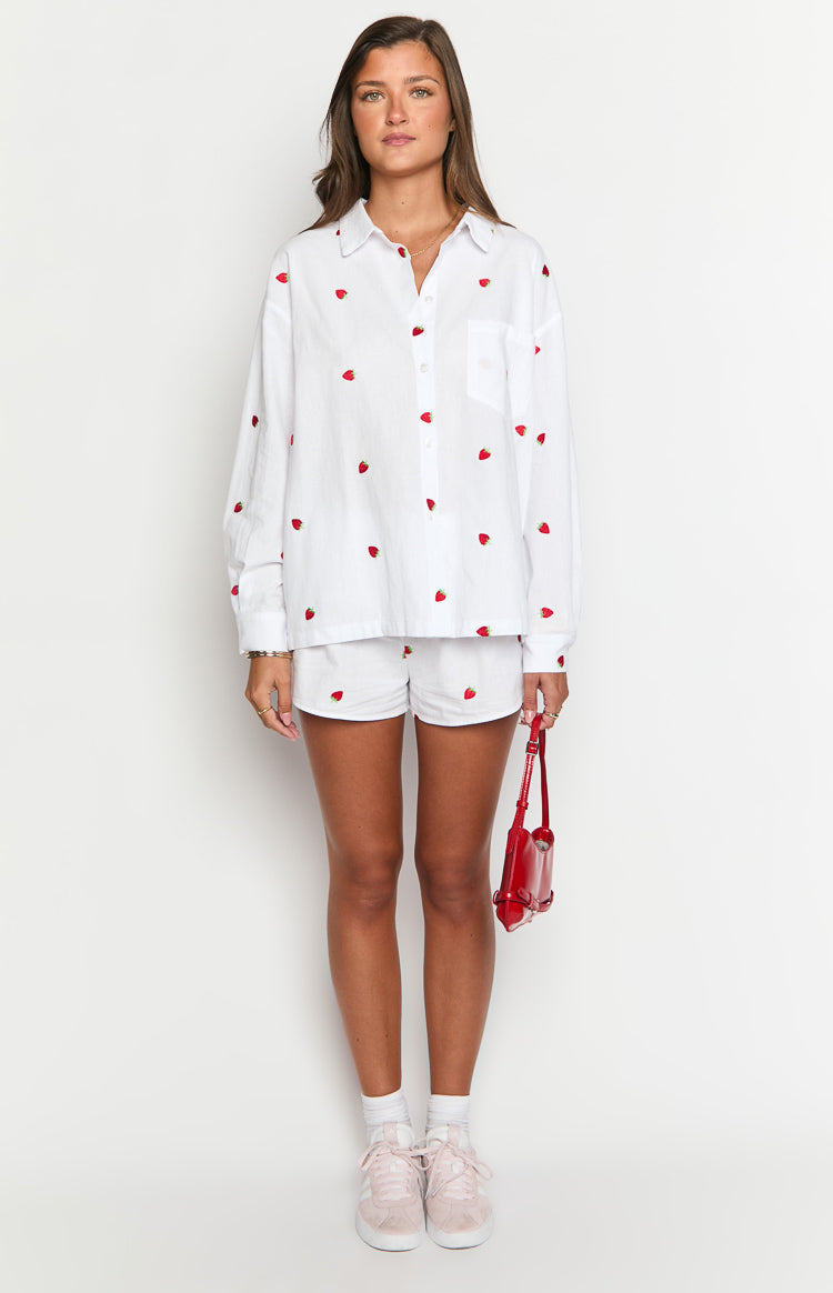 Margarita White Strawberry Embroidered Long Sleeve Shirt