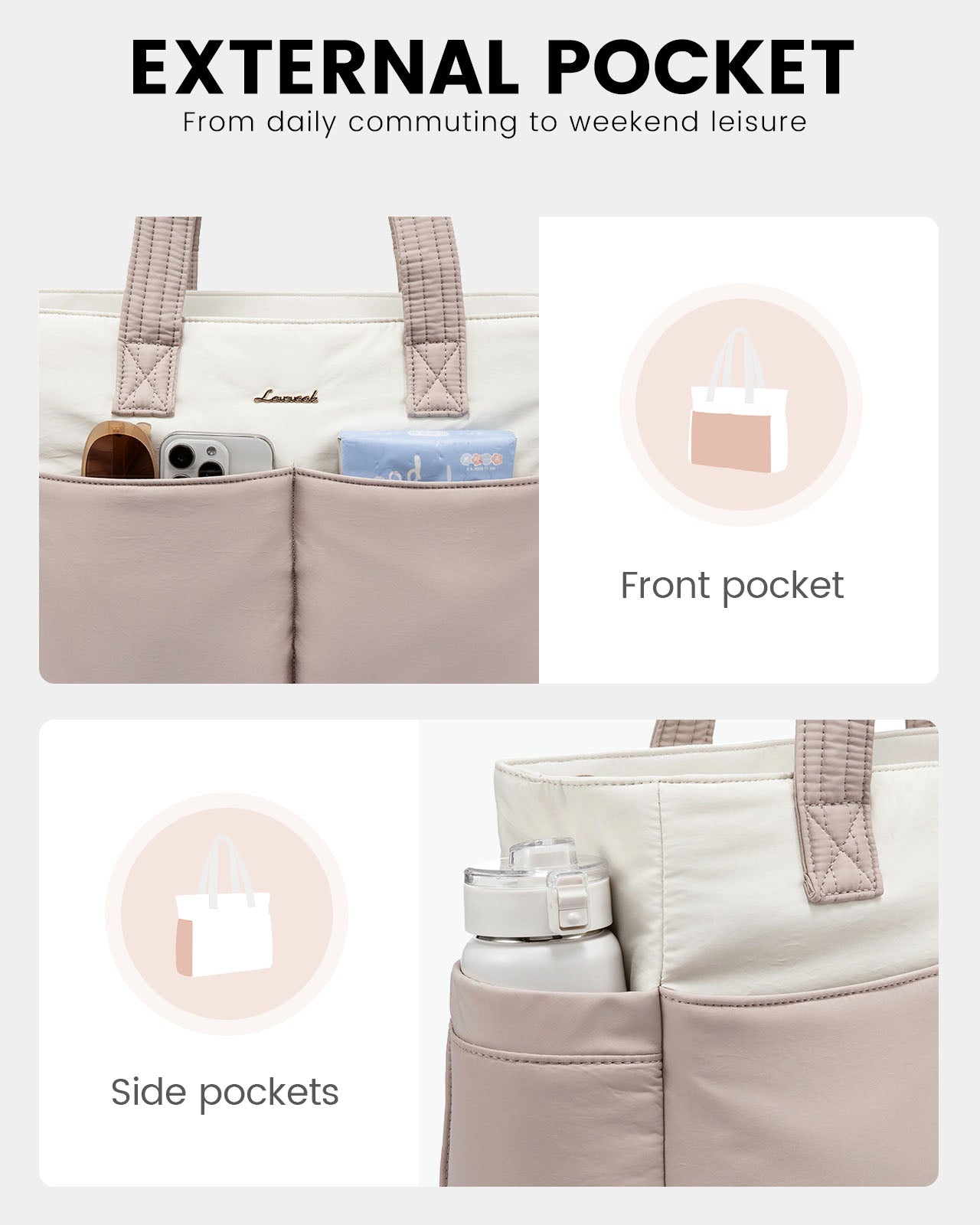 2Pcs Multi-pocket Puffer Tote Bag, 15.6 17.3