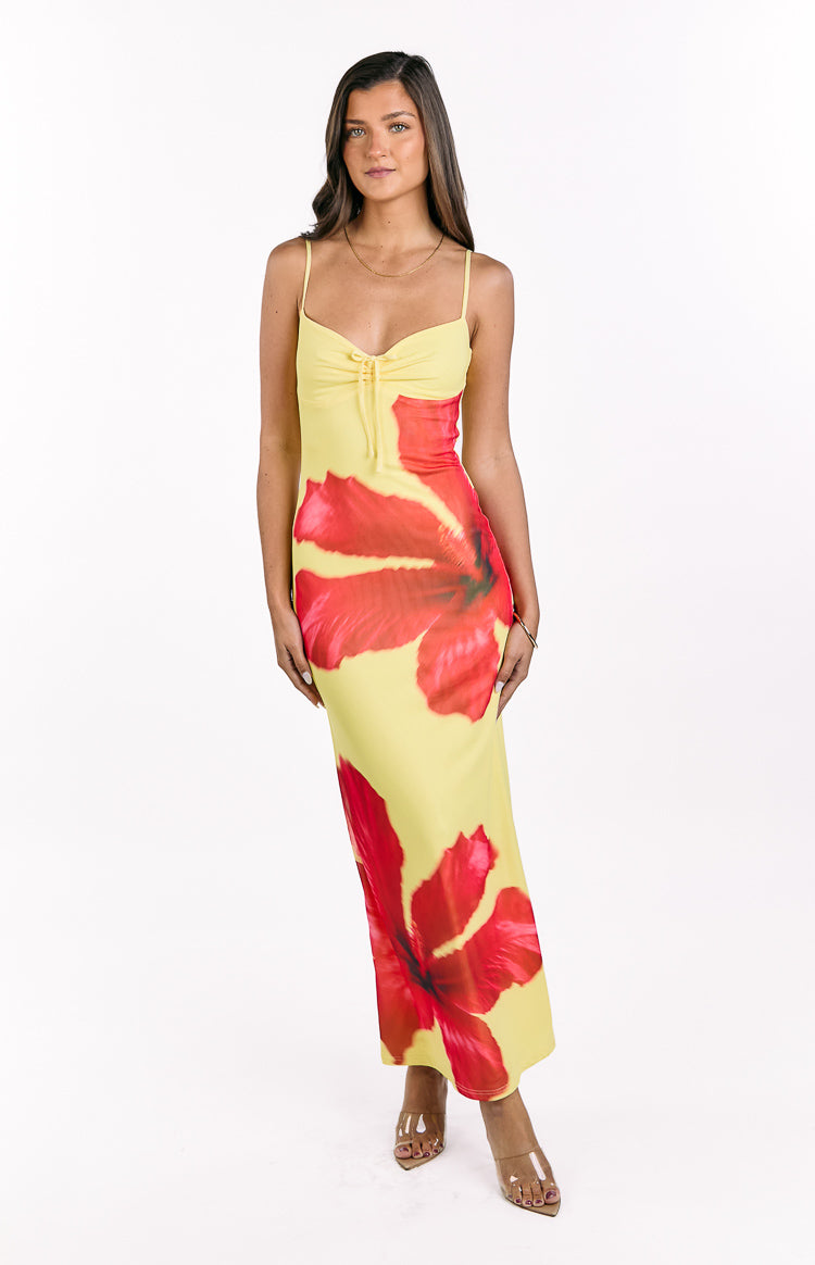 Rosalyn Red Hibiscus Print Maxi Dress