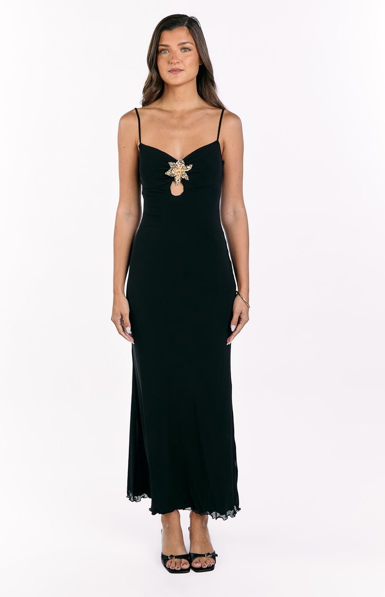 Selina Black Hibiscus Trim Maxi Dress