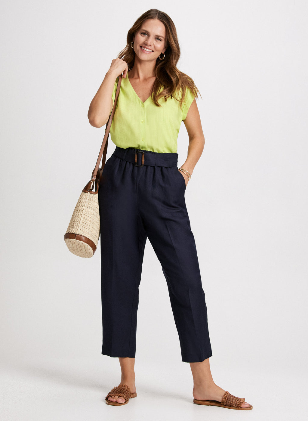 Belted Linen-Blend Capris