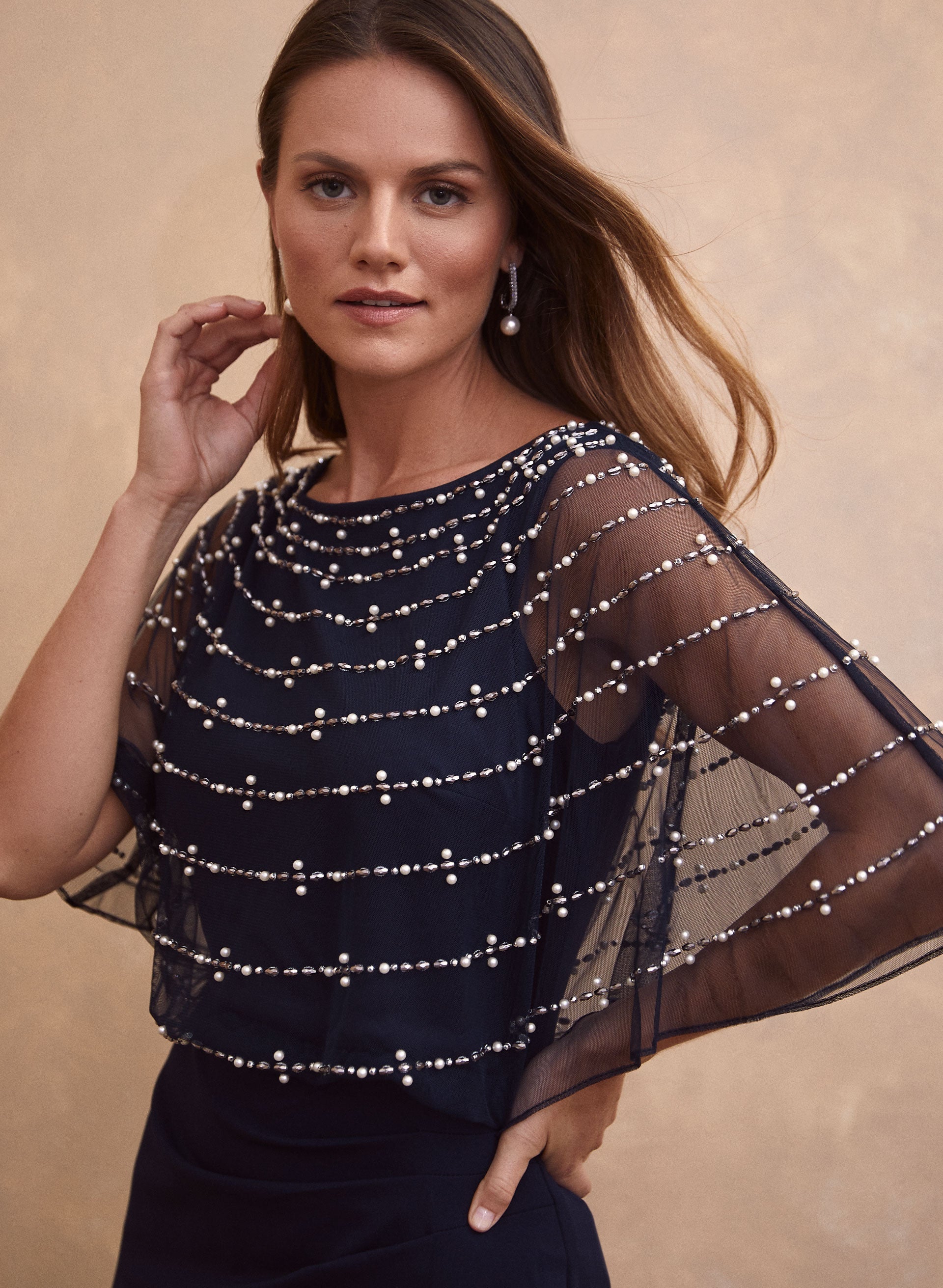 Beaded Mesh Capelet Maxi Dress