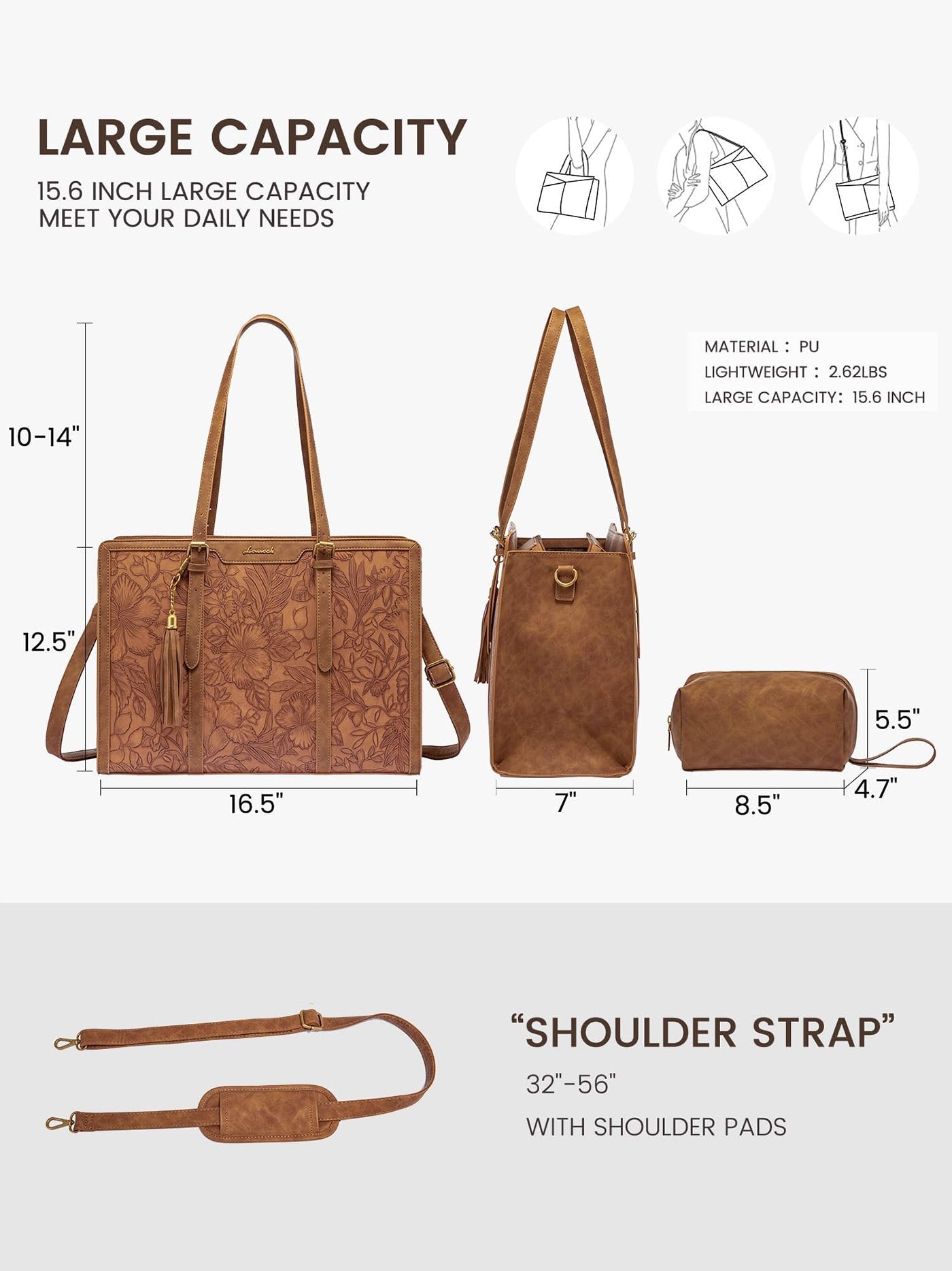 2Pcs Vintage Leather Laptop Tote, 15.6 17.3