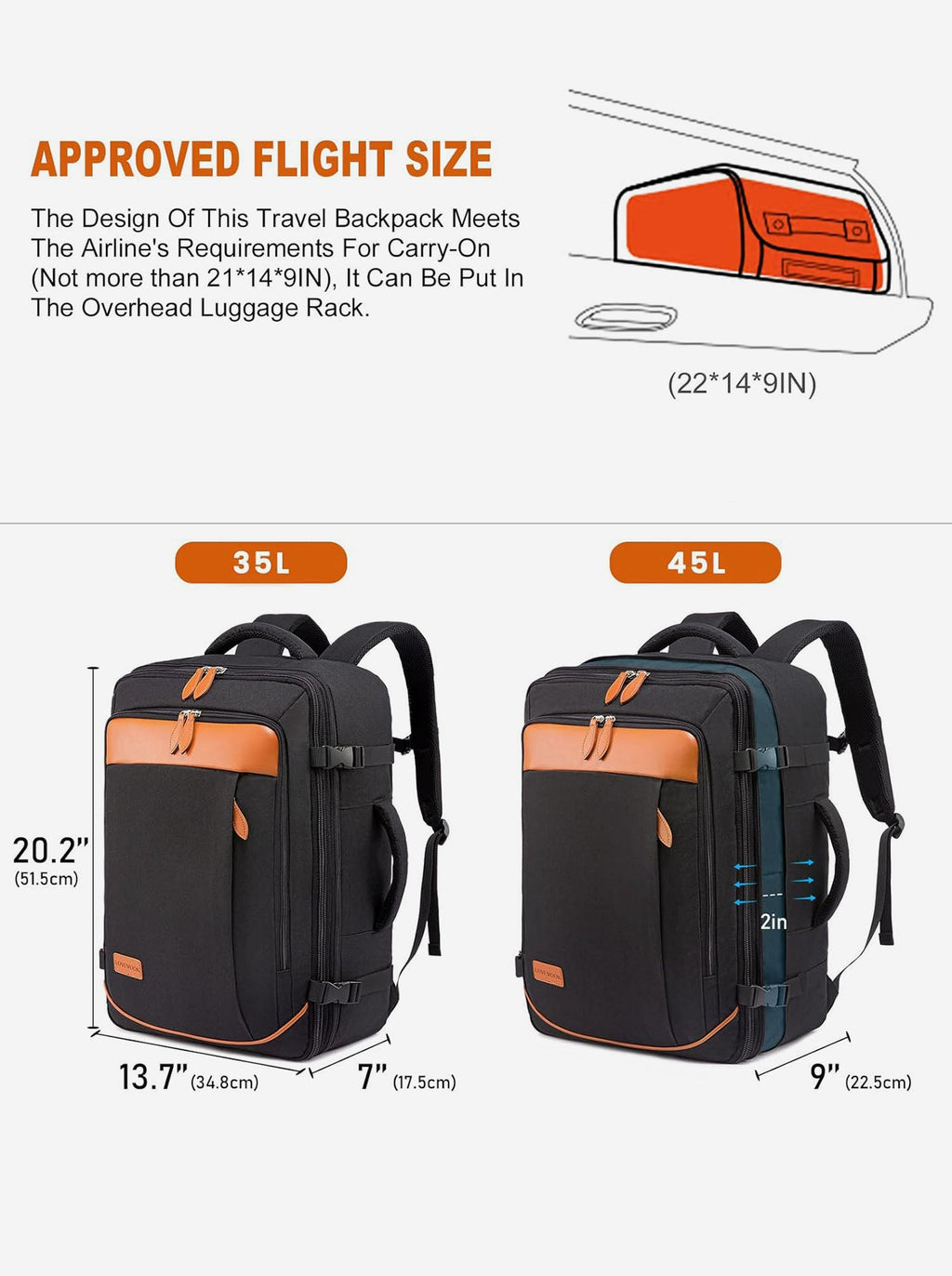 5Pcs Carry on Travel Backpack 40L/45L