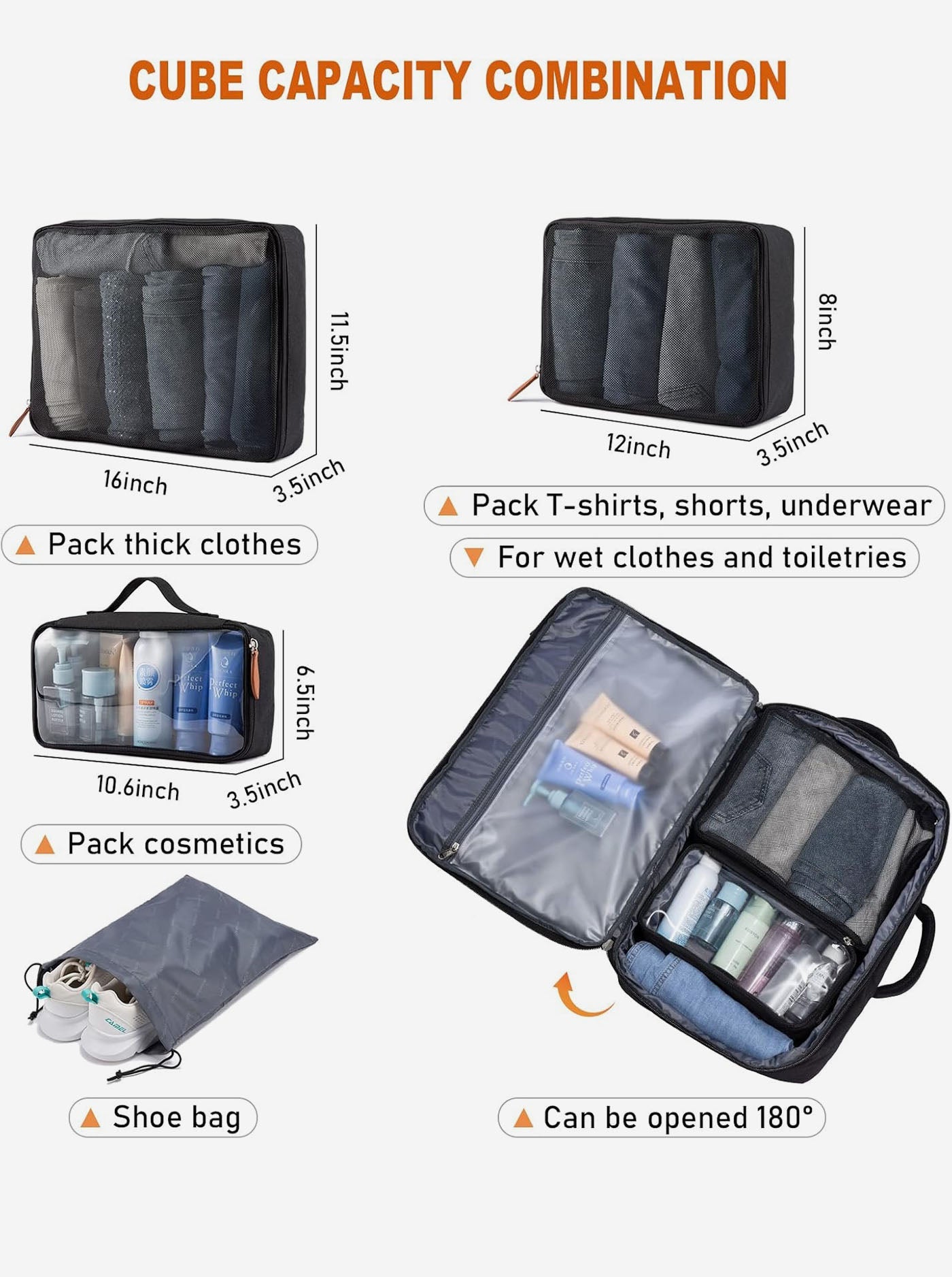 5Pcs Carry on Travel Backpack 40L/45L