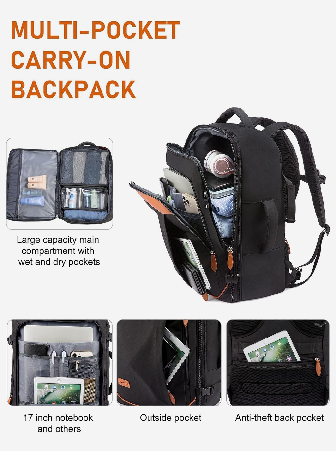 5Pcs Carry on Travel Backpack 40L/45L