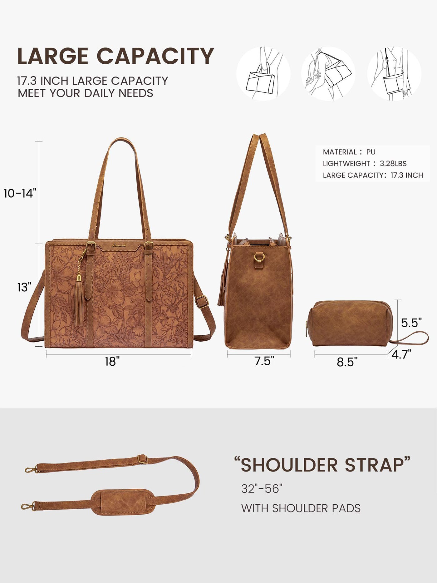 2Pcs Vintage Leather Laptop Tote, 15.6 17.3