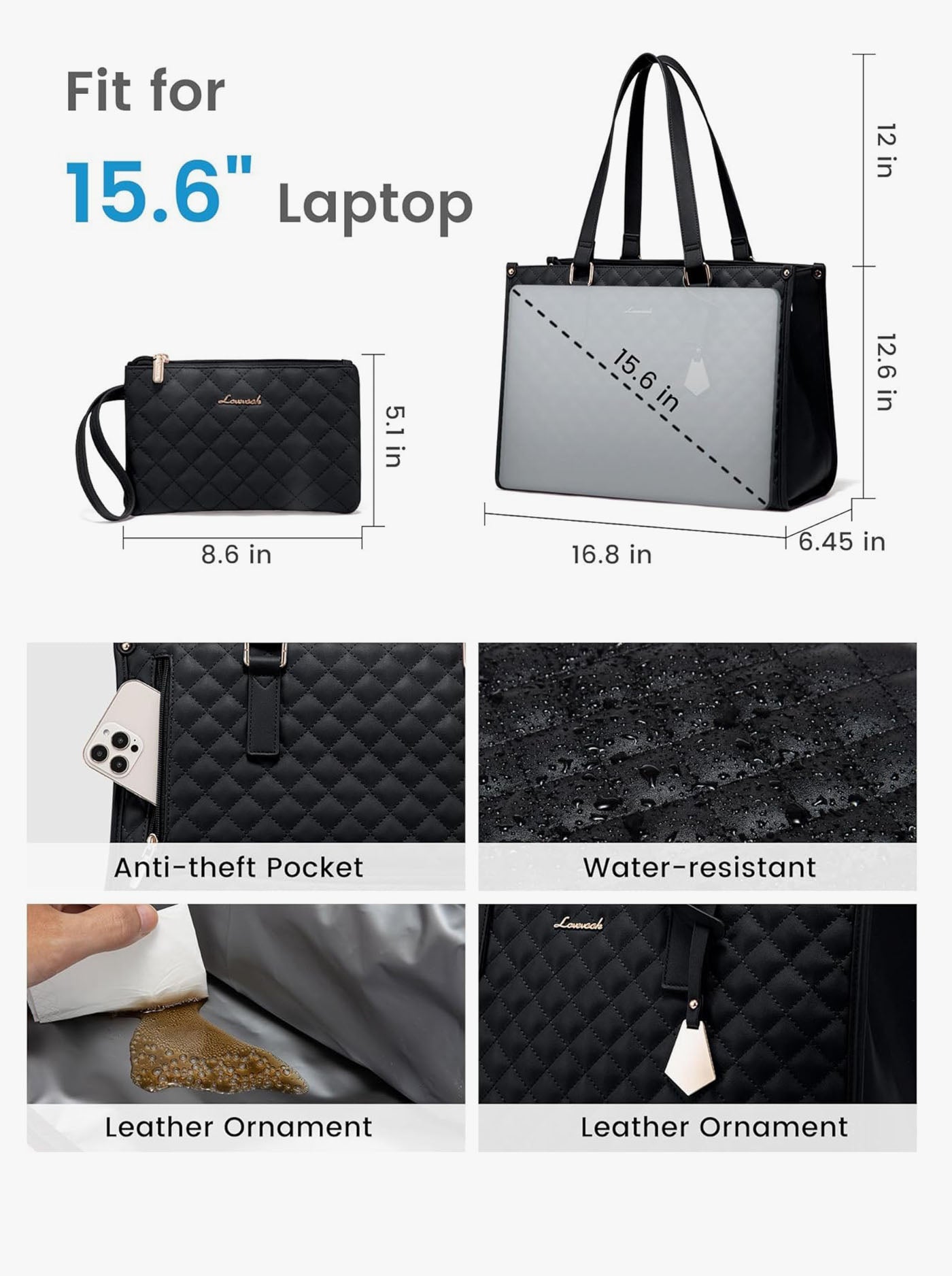 2Pcs Lunch Tote Shoulder Bag, 15.6