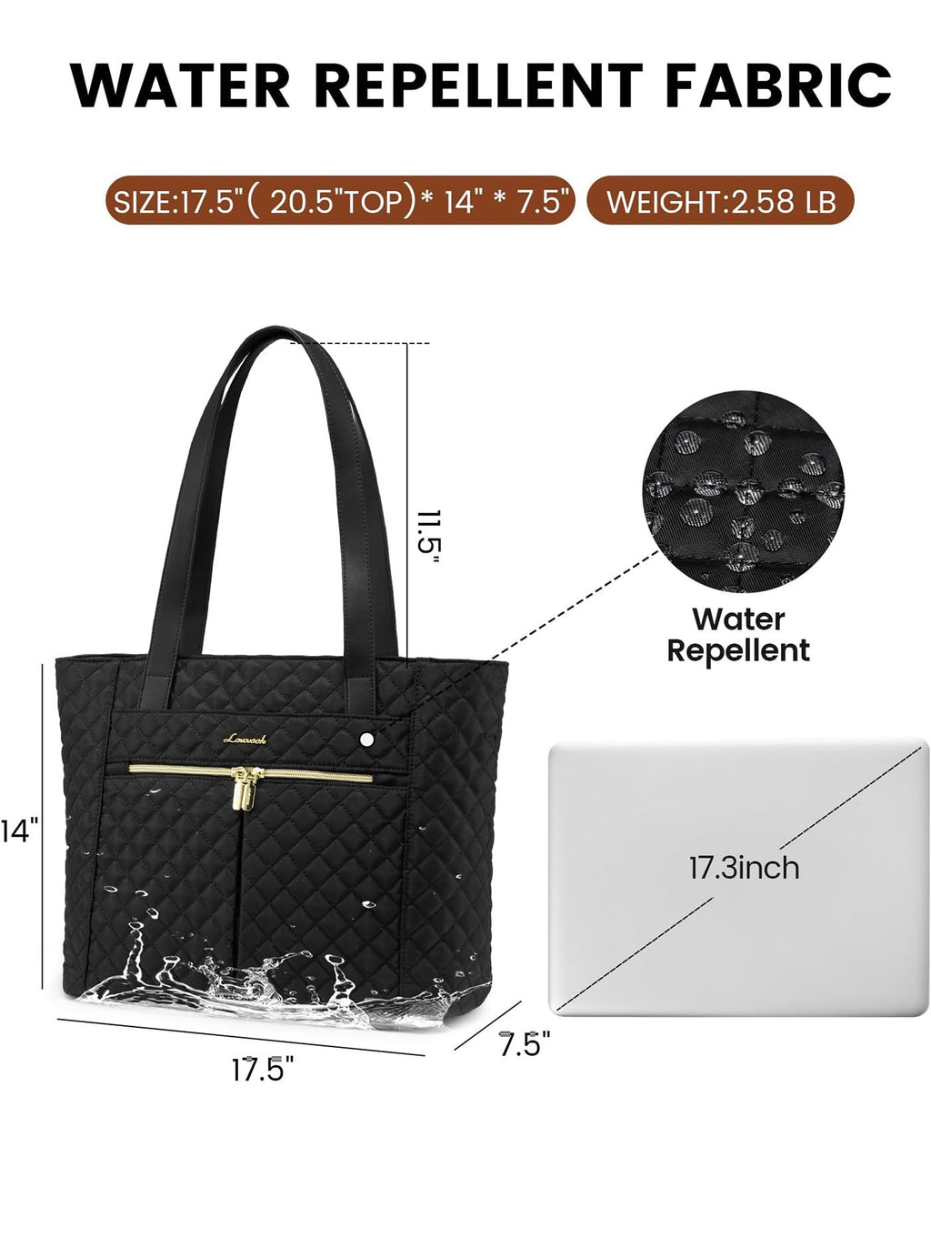 2Pcs Diamond Quilted Tote Bag, 15.6 17