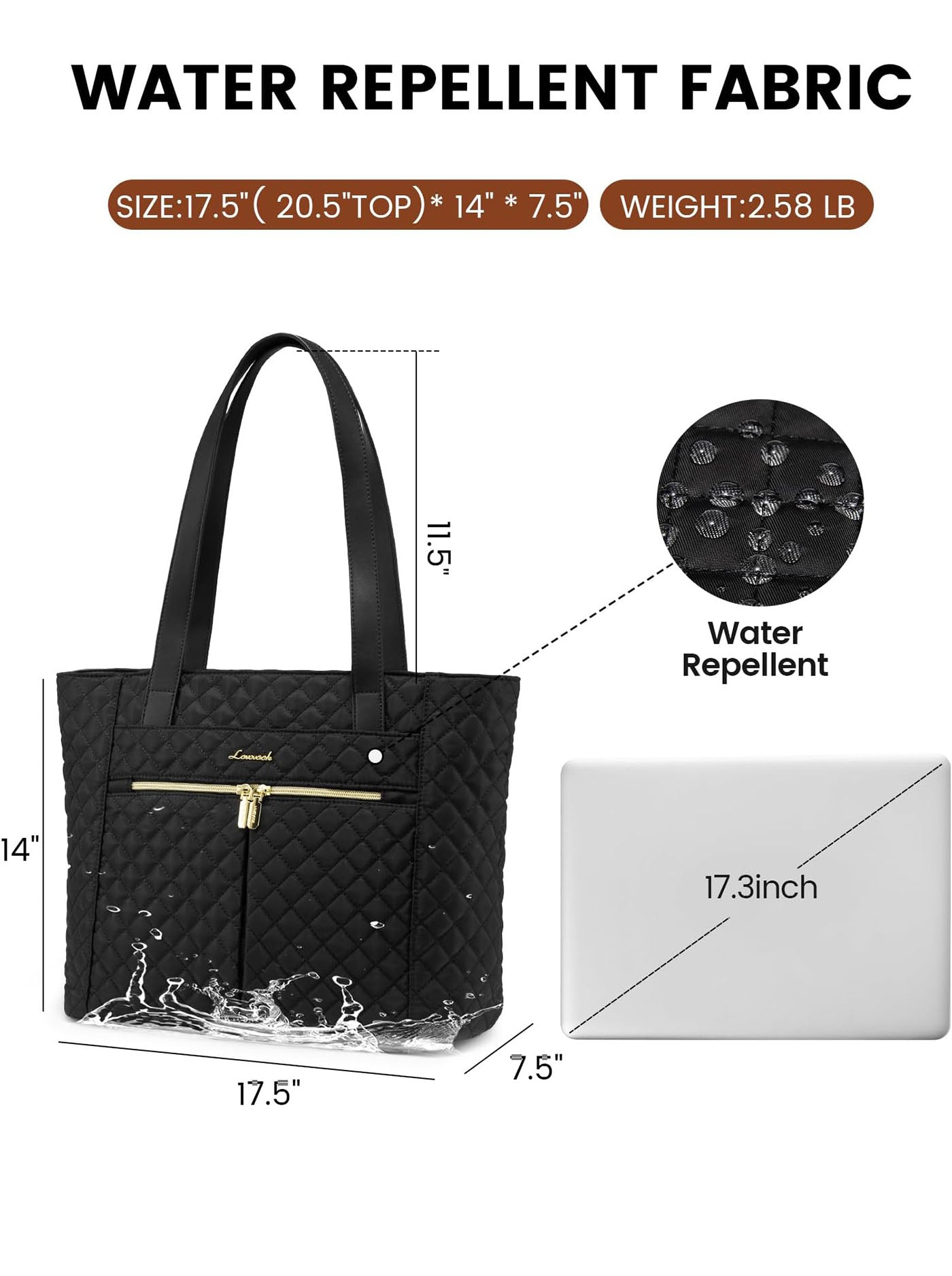 2Pcs Diamond Quilted Tote Bag, 15.6 17
