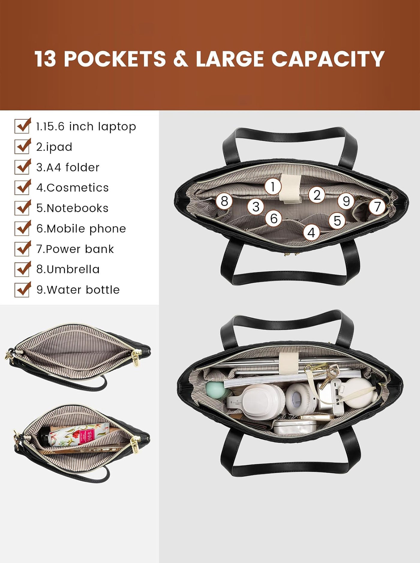 2Pcs Diamond Quilted Tote Bag, 15.6 17