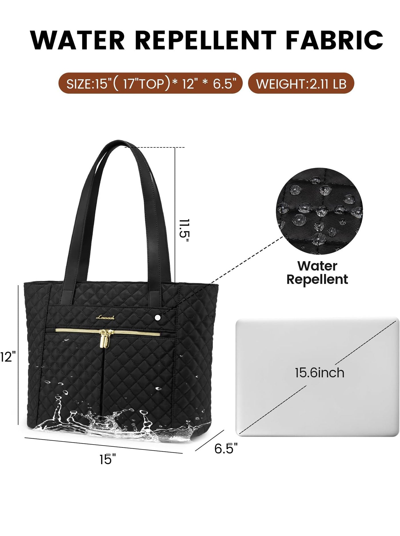 2Pcs Diamond Quilted Tote Bag, 15.6 17