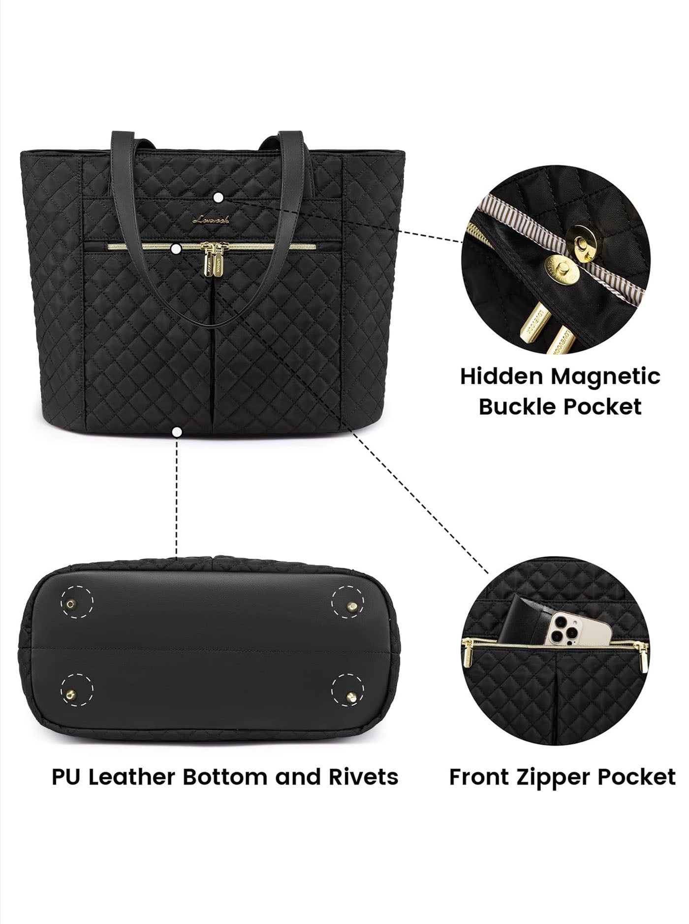 2Pcs Diamond Quilted Tote Bag, 15.6 17