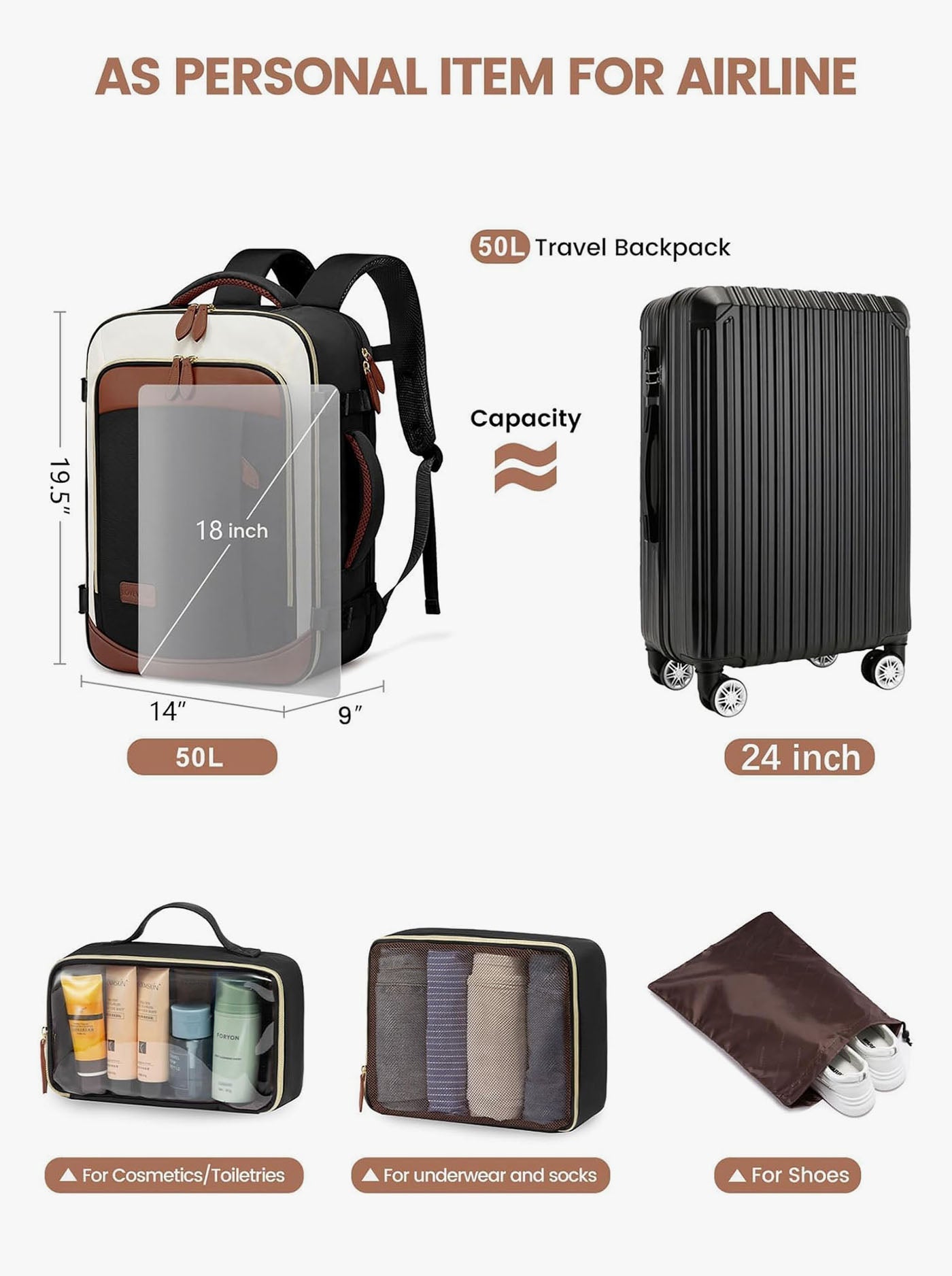 4Pcs Travel Backpack, 40L/50L