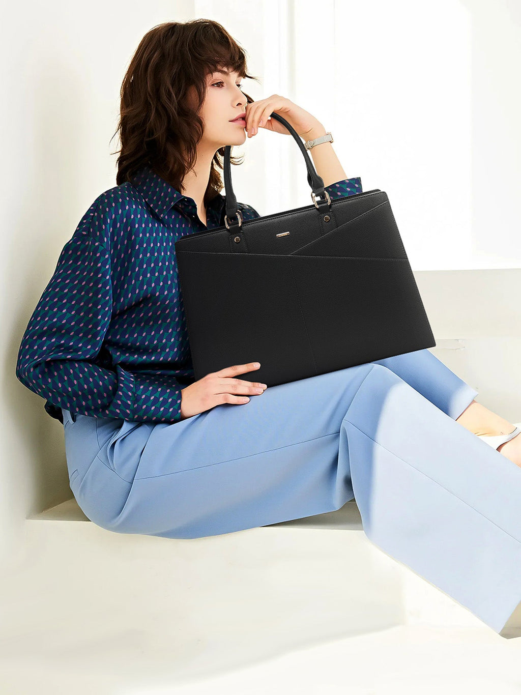 2Pcs Leather Office Laptop Tote Bag, 15.6 17.3