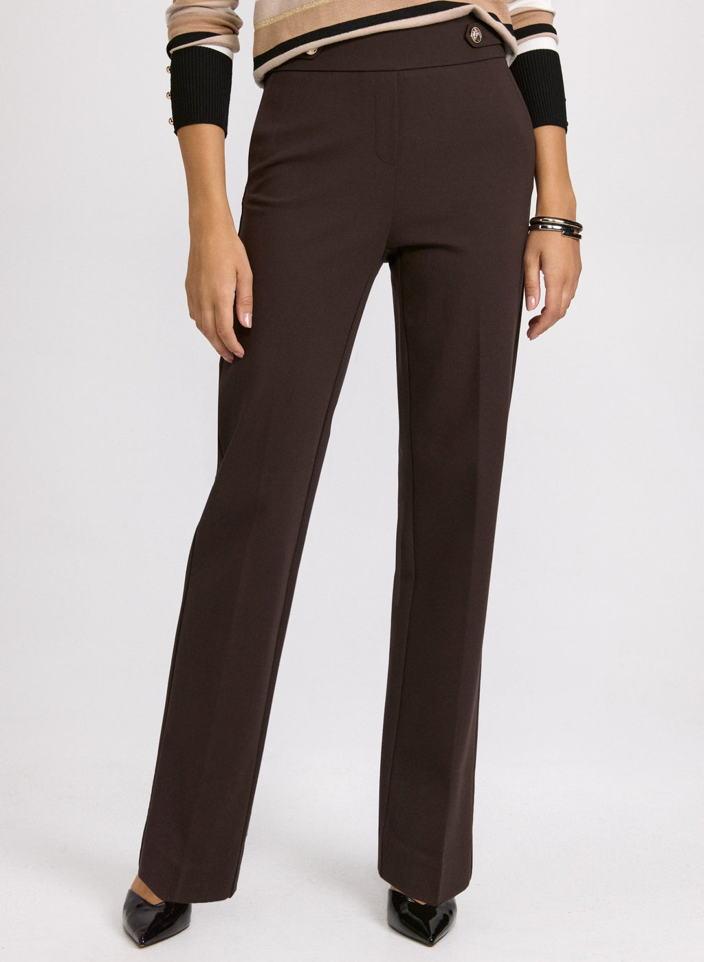 Ava Buttoned-Tab Straight-Leg Pants