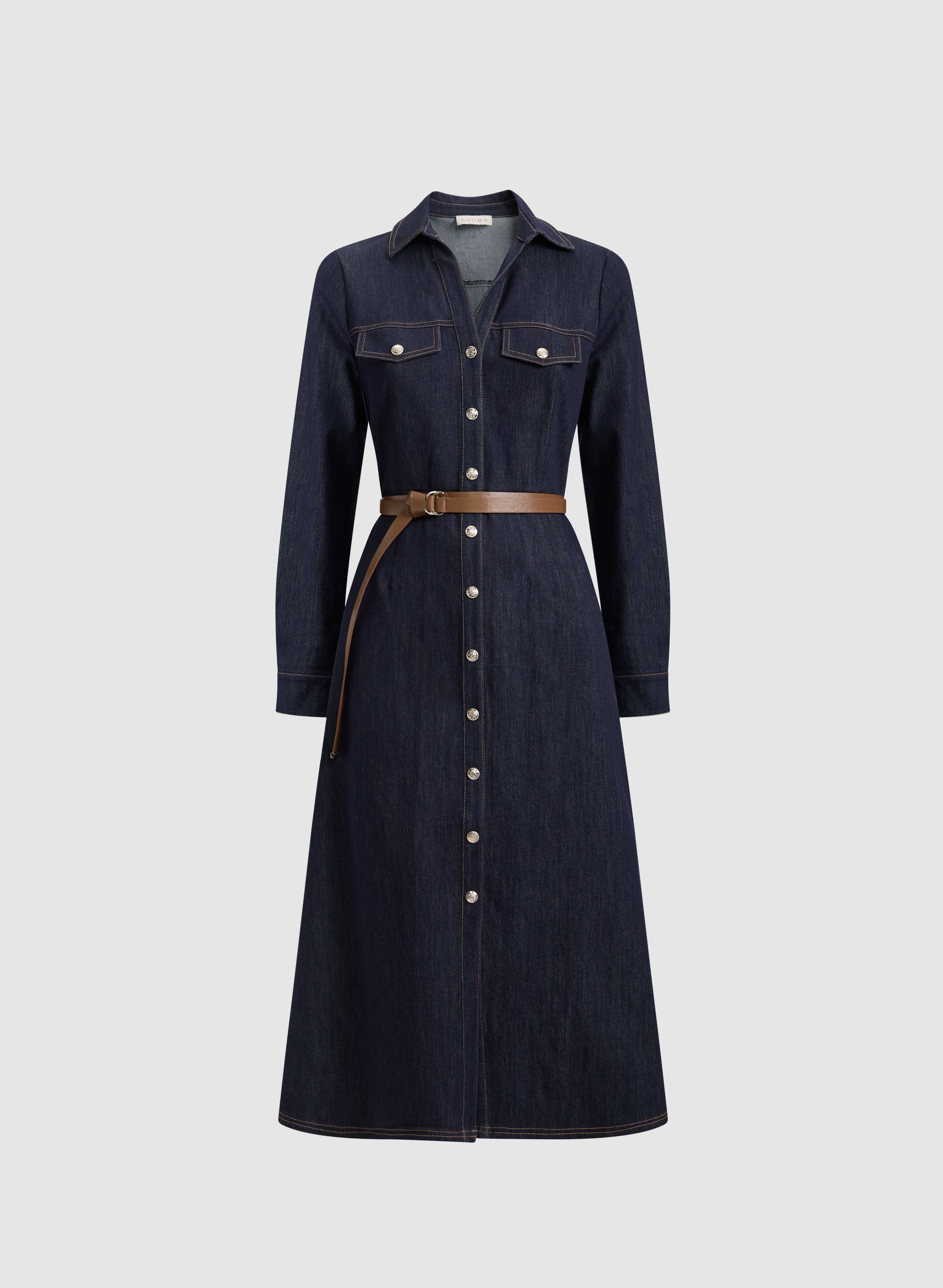 Belted Denim Button-Down Midi Dress
