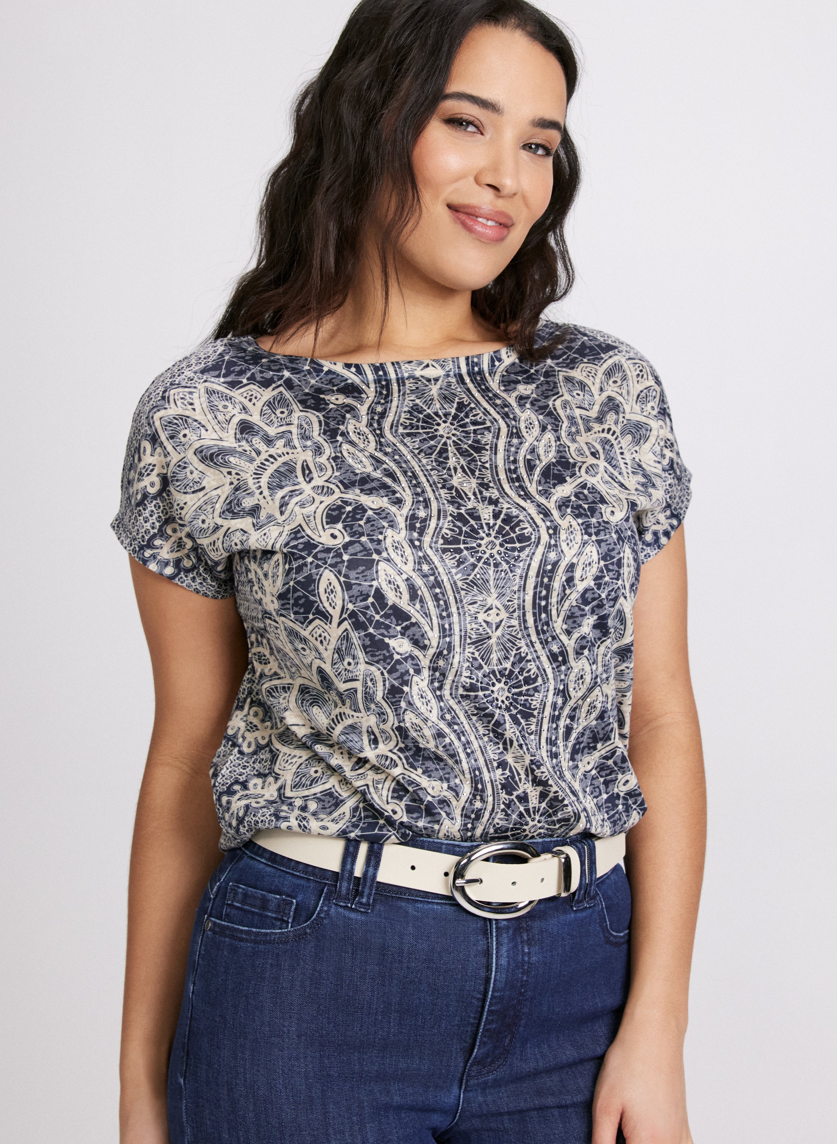 Abstract Rhinestone Embellished T-Shirt