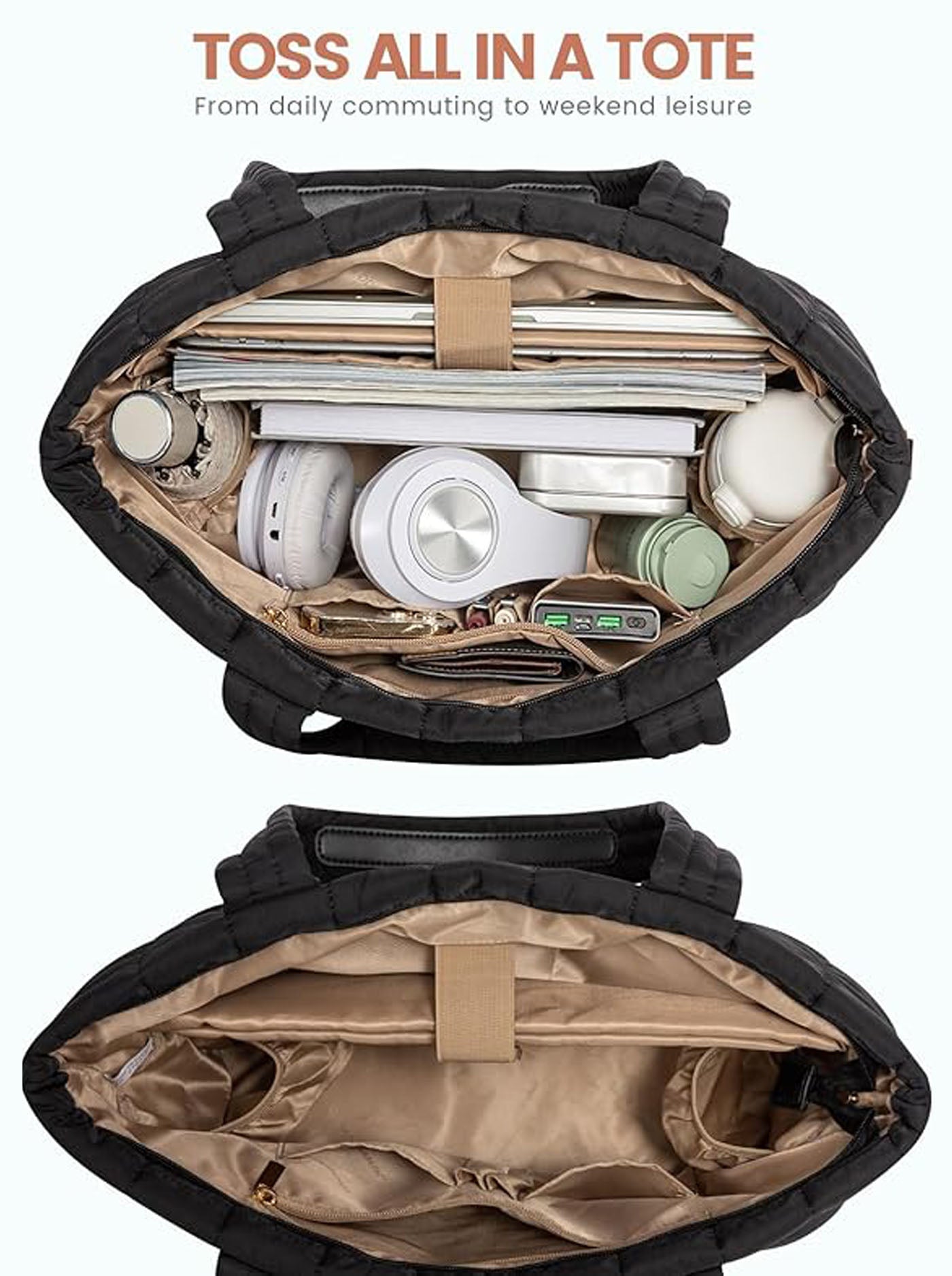 2Pcs Lightweight Puffer Tote Bag, 15.6 17