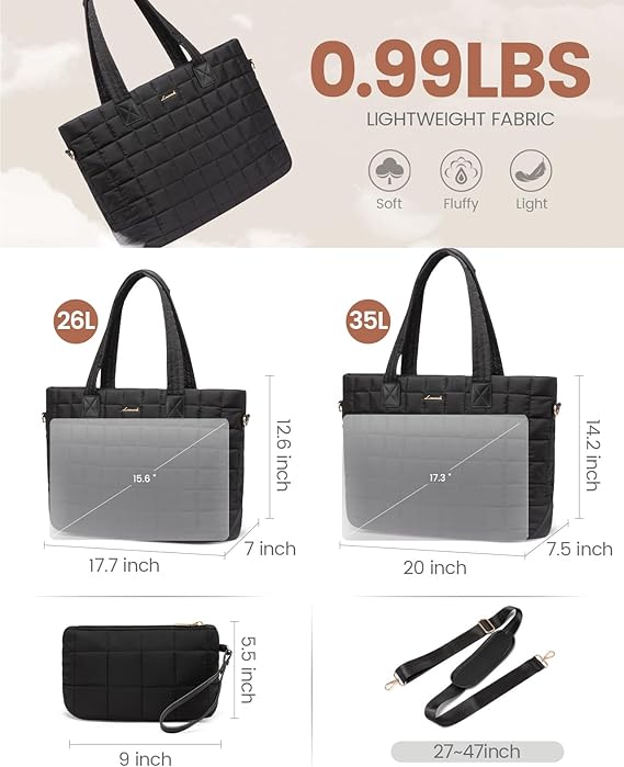 2Pcs Lightweight Puffer Tote Bag, 15.6 17