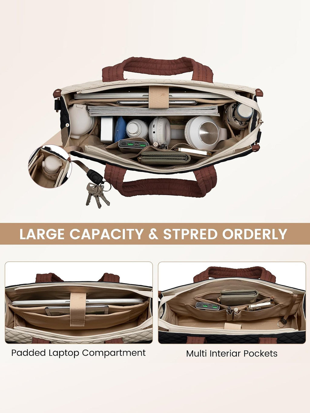 2Pcs Quilted Work Tote Bag, 15.6 17.3