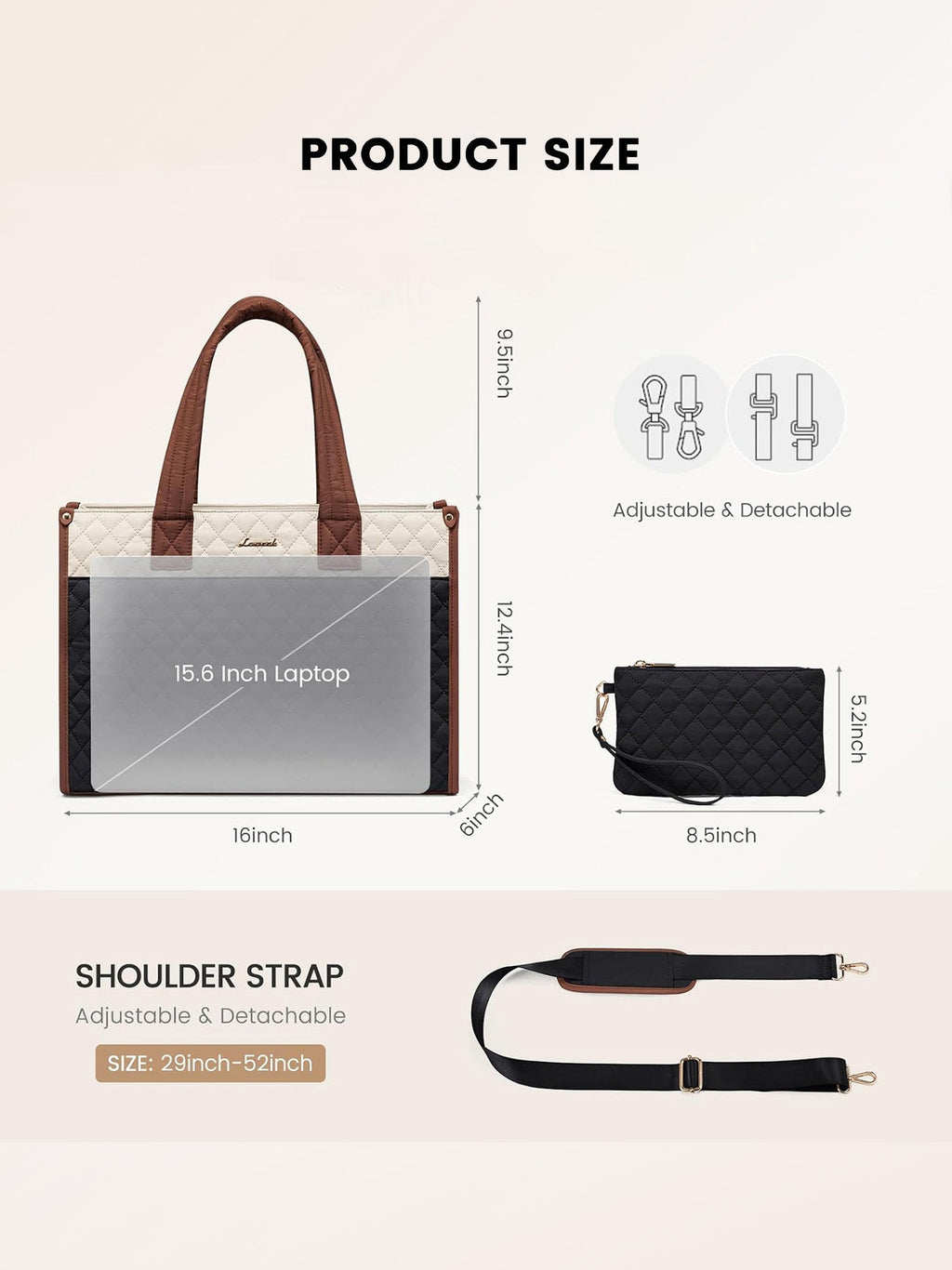 2Pcs Quilted Work Tote Bag, 15.6 17.3