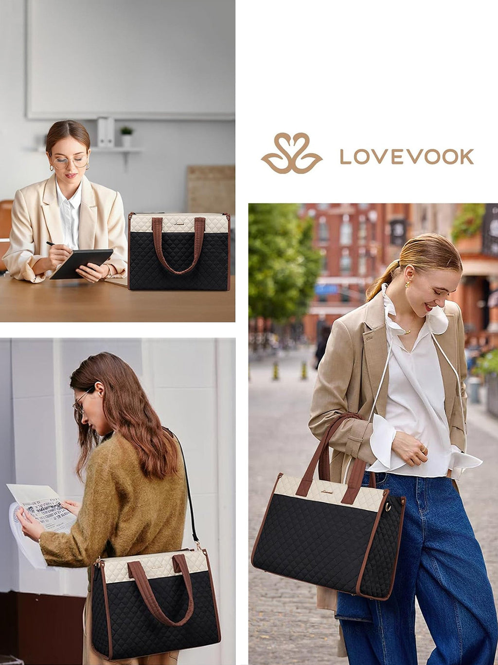 2Pcs Quilted Work Tote Bag, 15.6 17.3