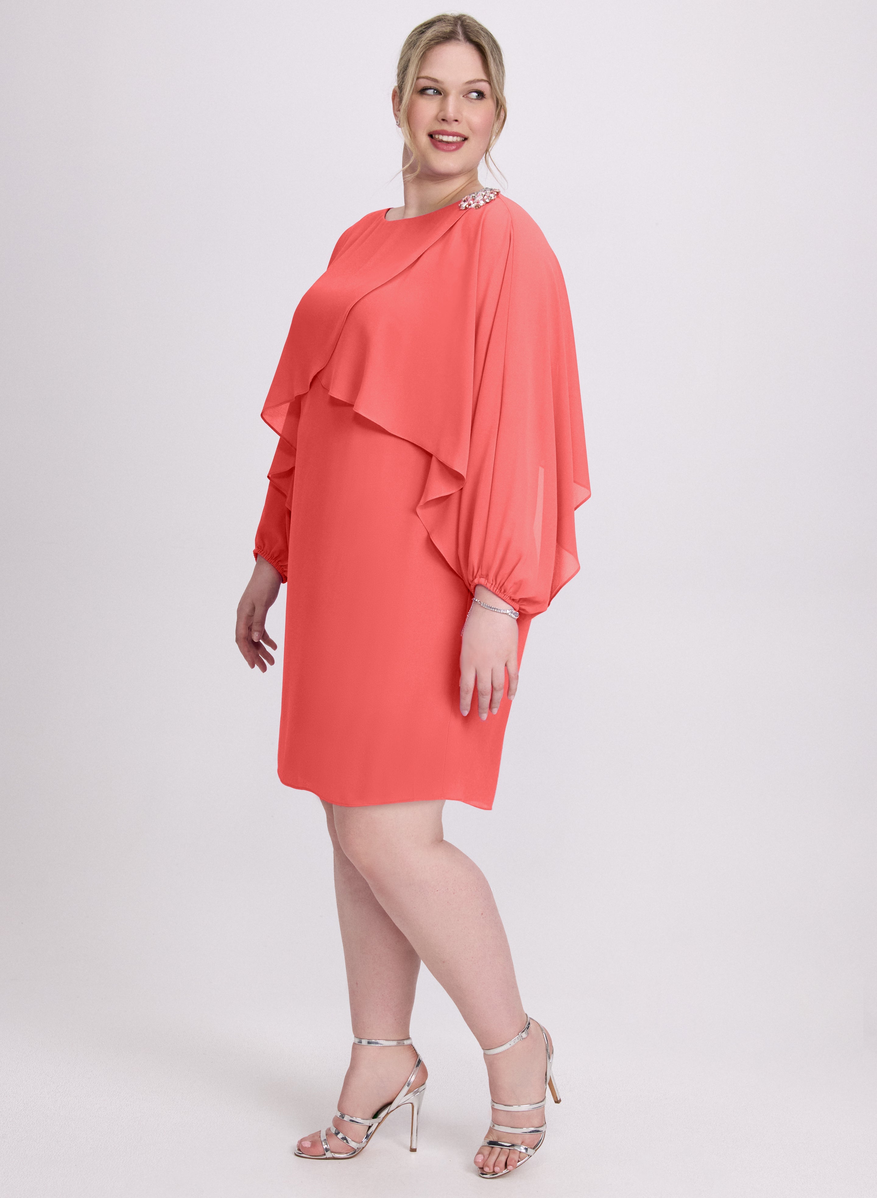 Brooch Embellished Capelet Dress