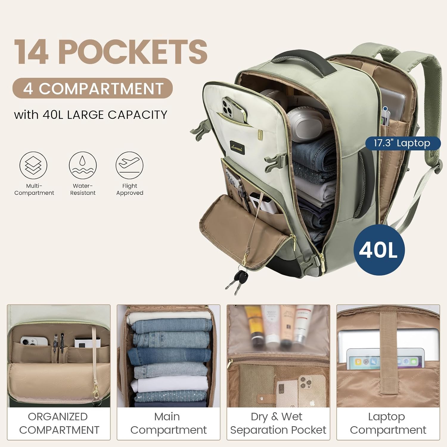 4Pcs Travel Backpack, 40L 50L