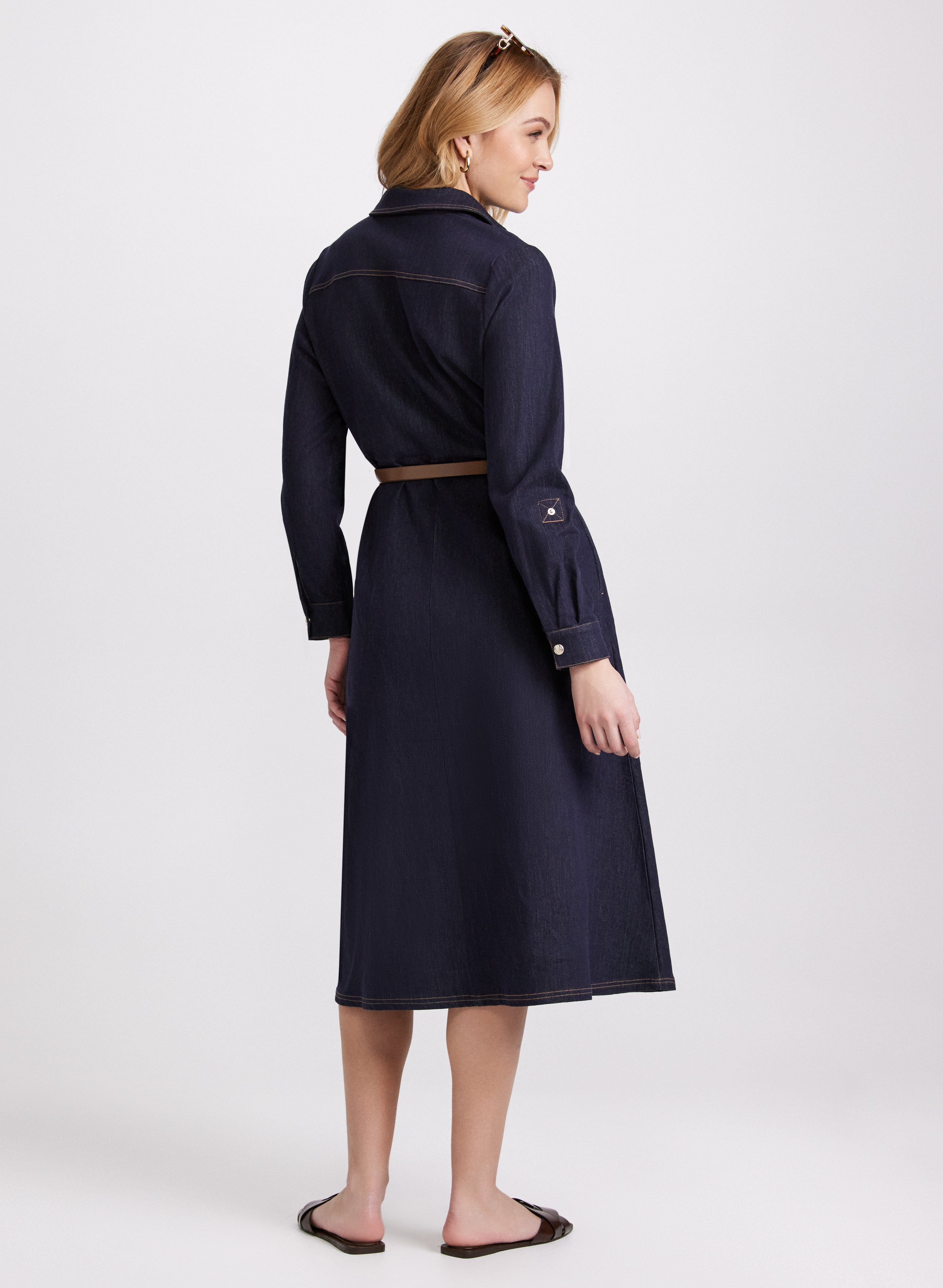Belted Denim Button-Down Midi Dress
