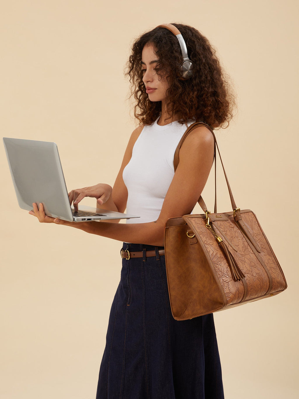 2Pcs Vintage Leather Laptop Tote, 15.6 17.3