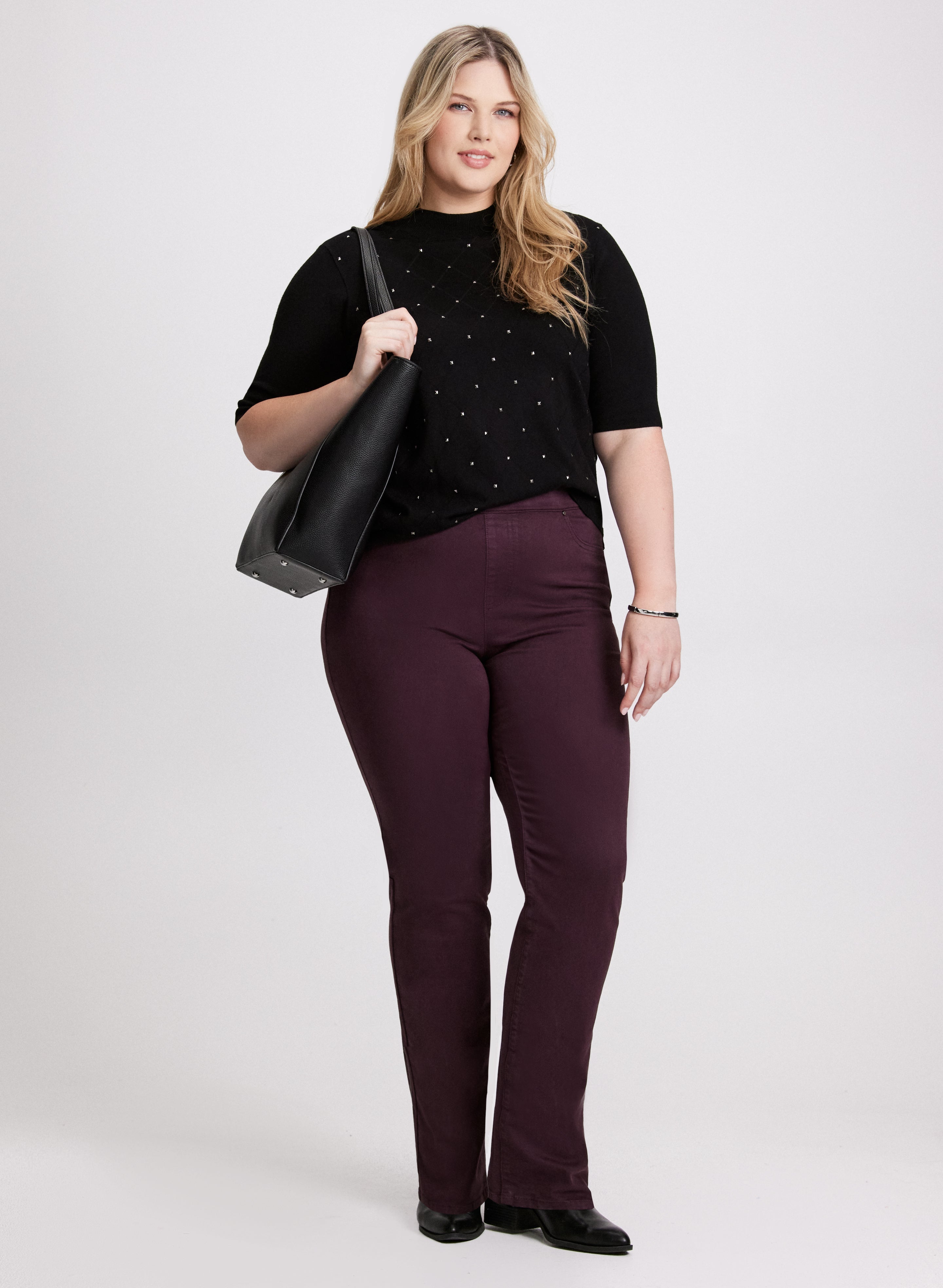 Argyle Stitch Mock Neck Sweater & Pull-On Straight Leg Jeans