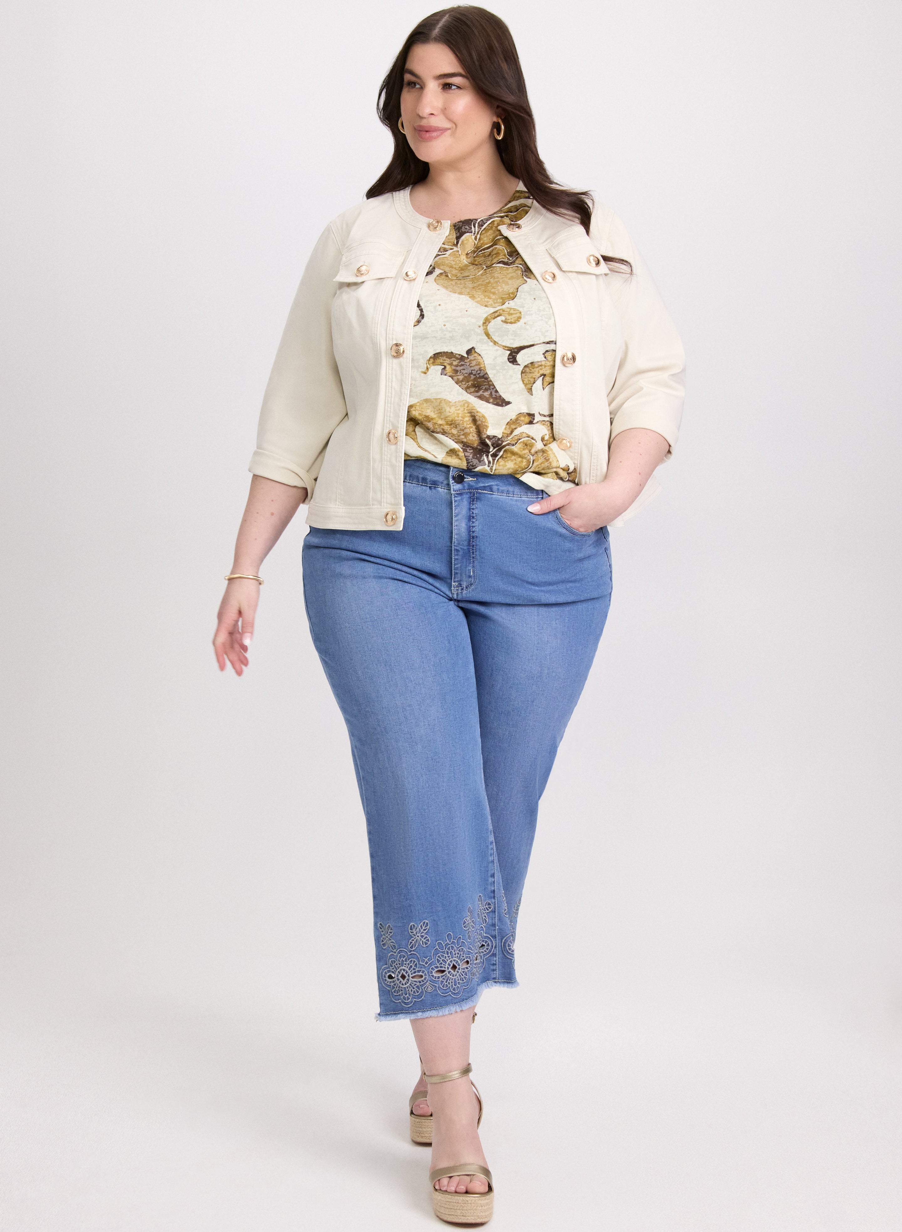 3/4 Sleeve Jean Jacket  & Embroidered Detail Jeans