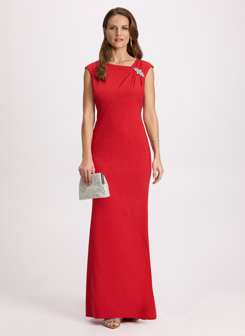 Brooch Detail Asymmetric Neck Dress