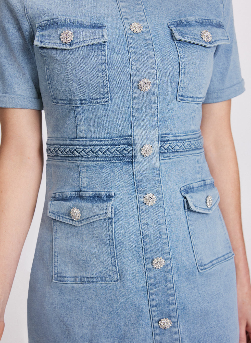 Denim Crystal-Embellished Button Dress