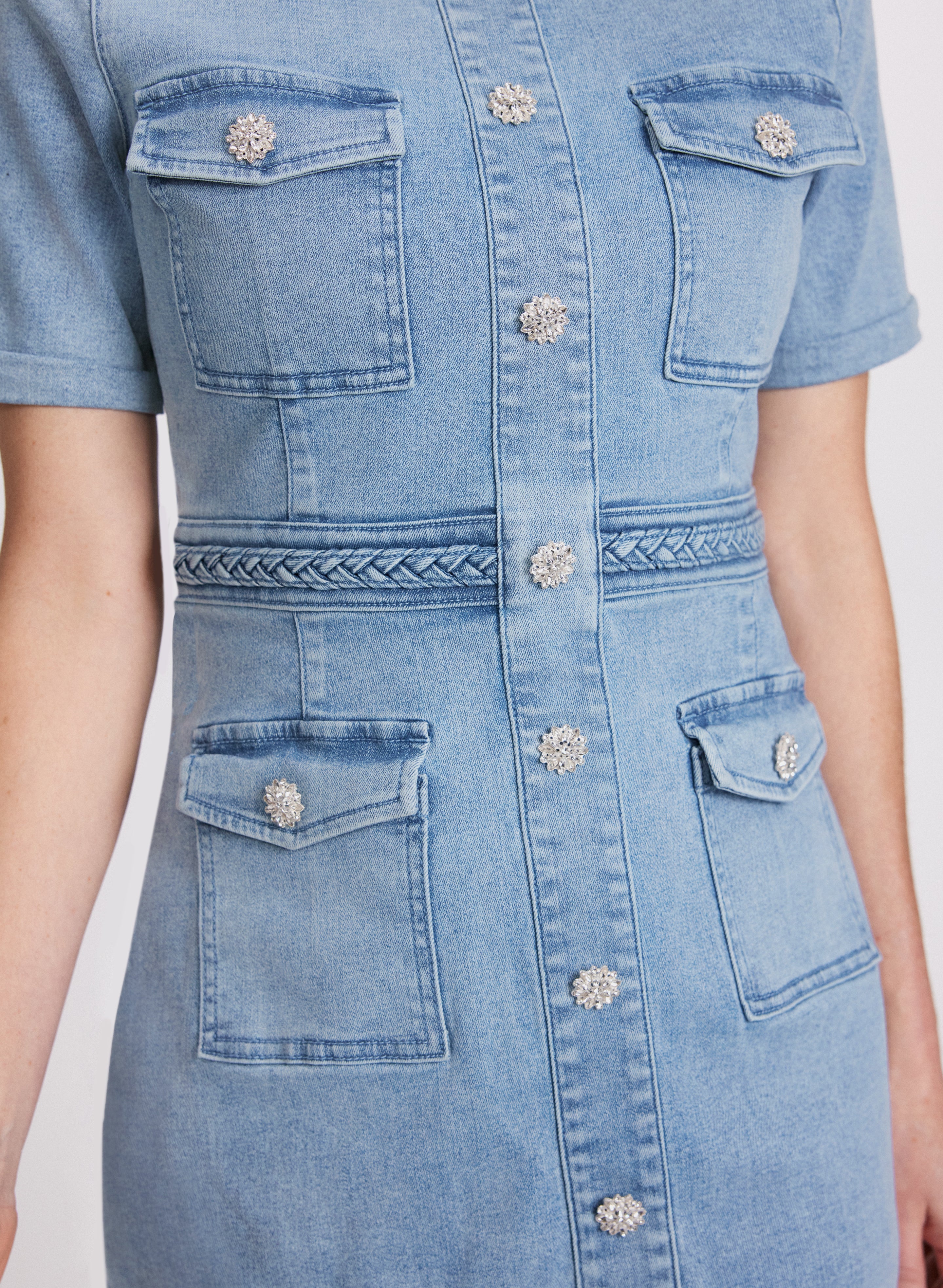 Denim Crystal-Embellished Button Dress