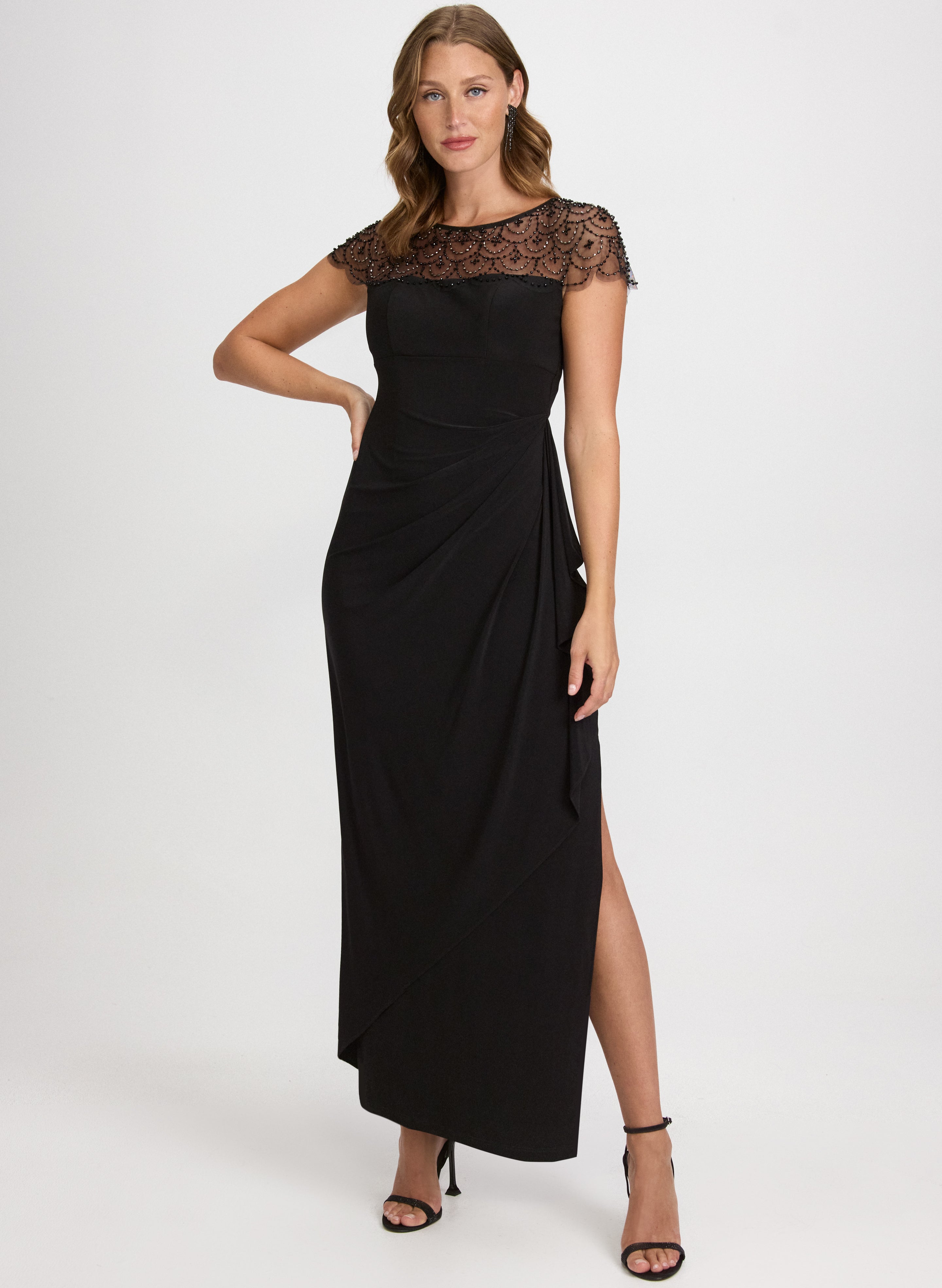 Beaded Mesh Yoke Dress