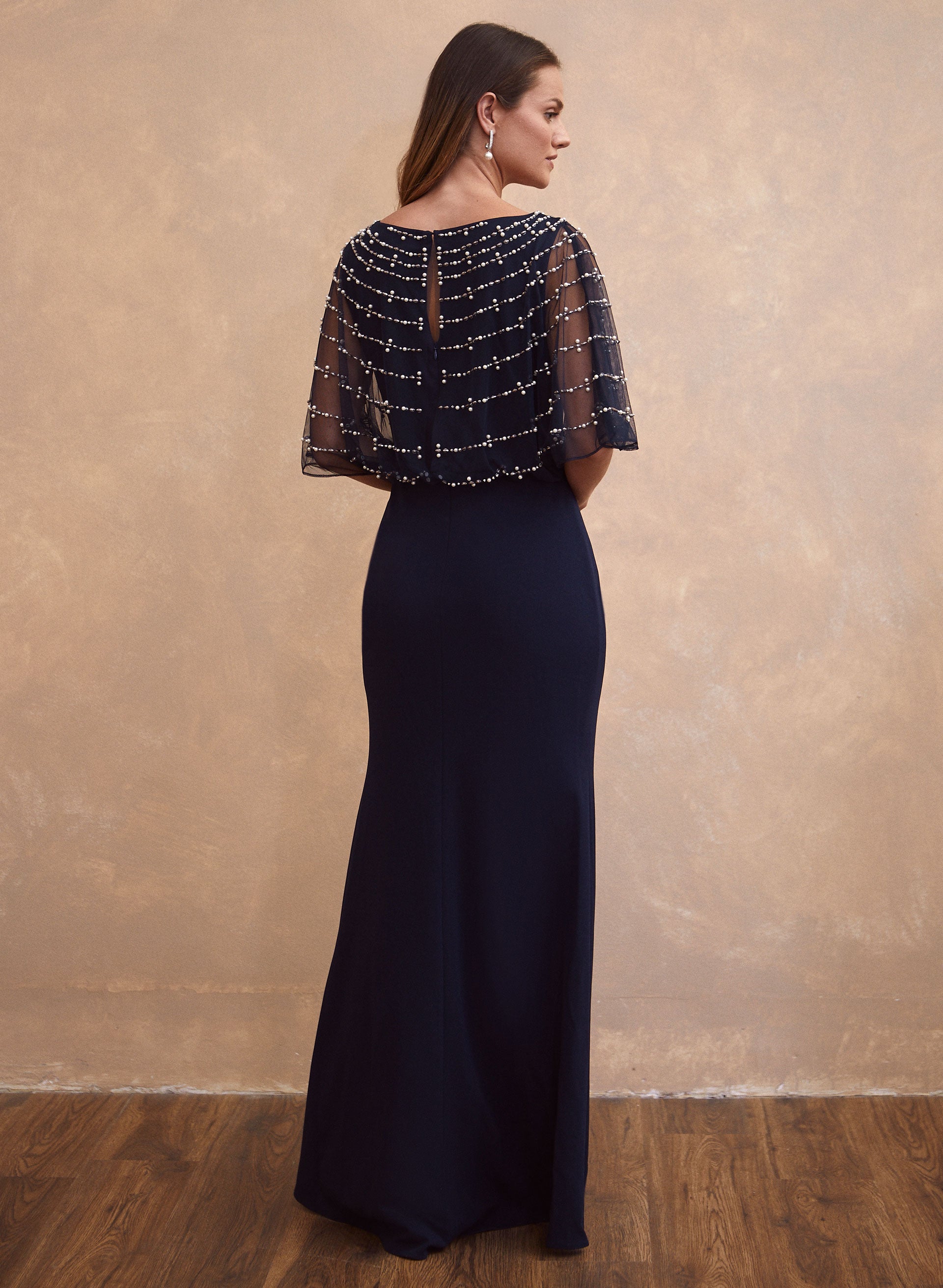 Beaded Mesh Capelet Maxi Dress