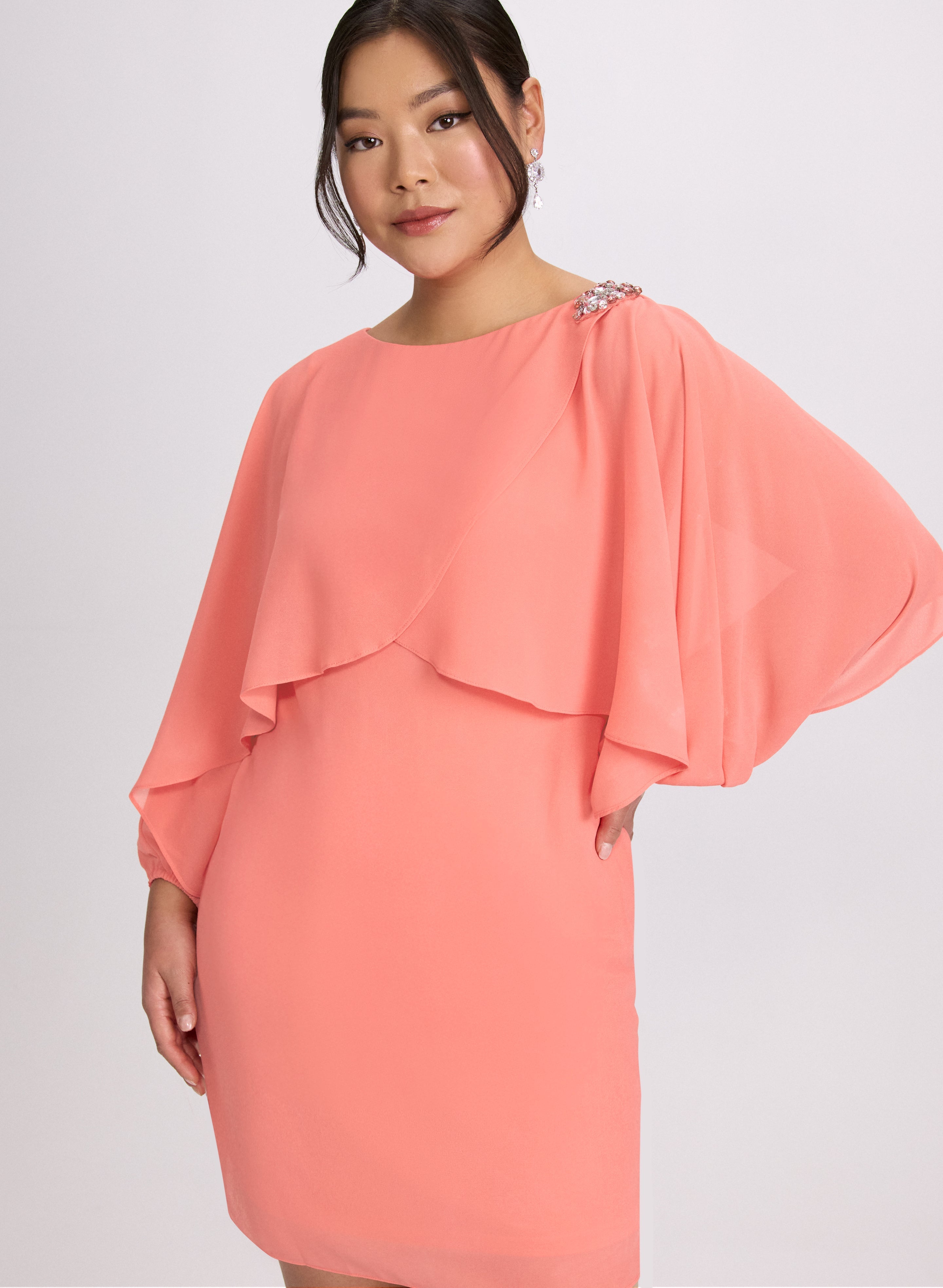 Brooch Embellished Capelet Dress