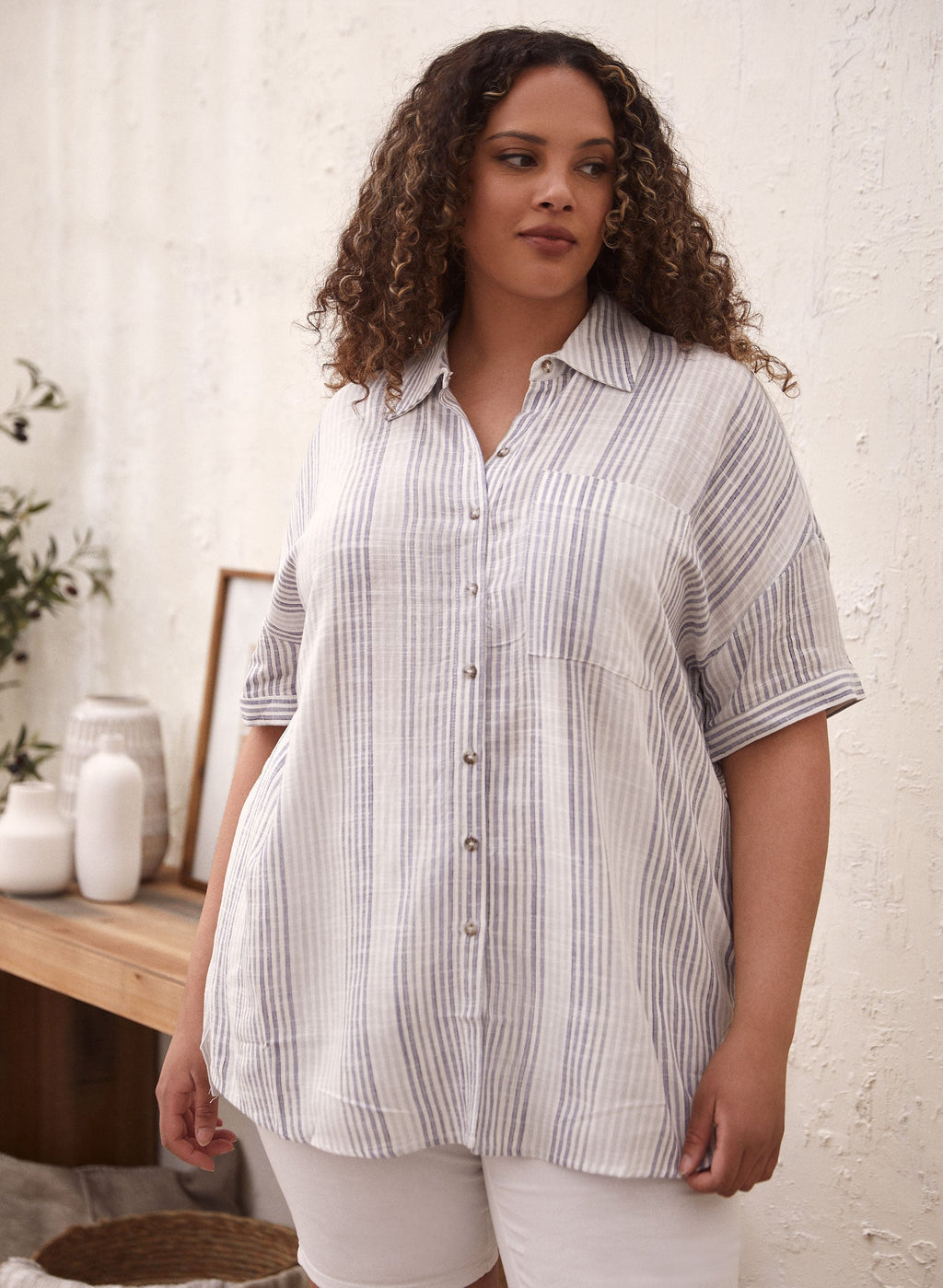 Dex - Stripe Print Linen Top