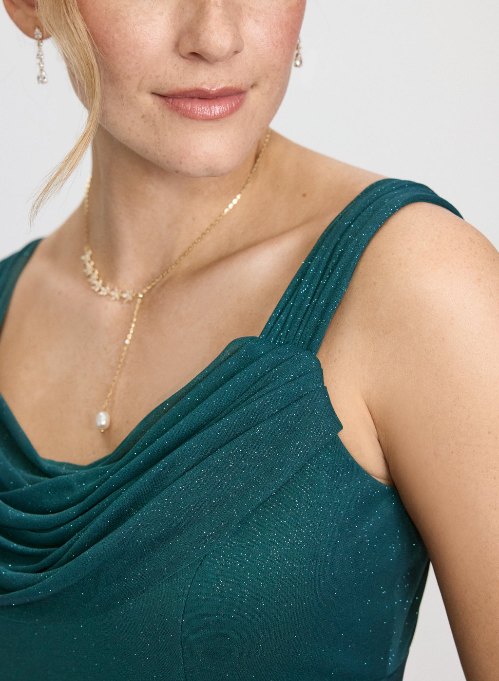 Cowl Neck Glitter Mesh Dress