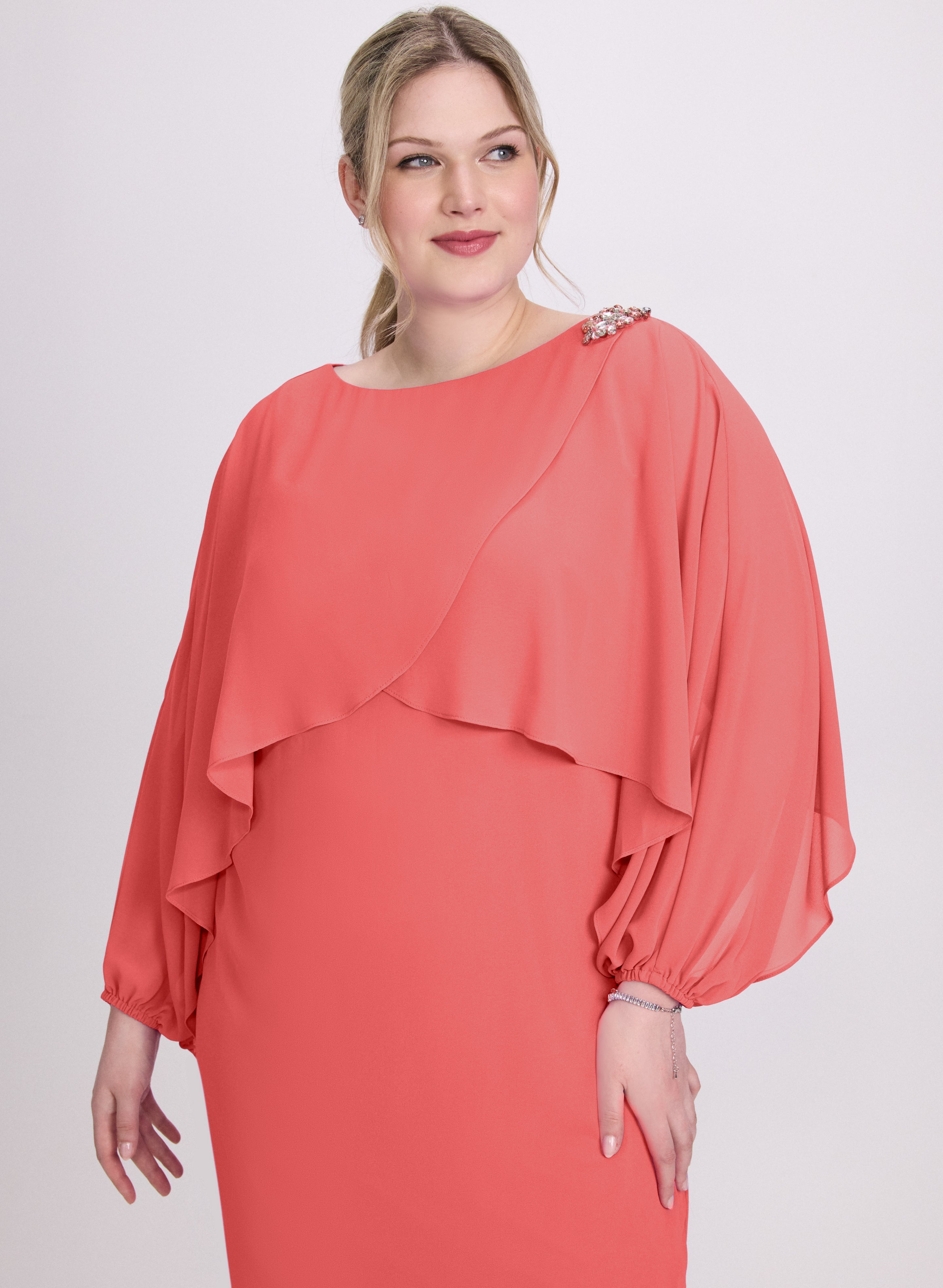 Brooch Embellished Capelet Dress