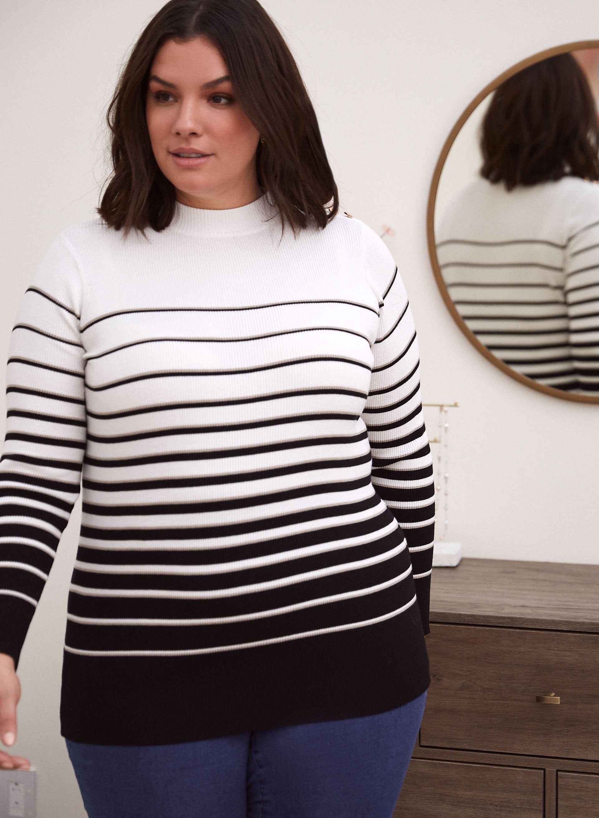 Button Detail Stripe Print Sweater